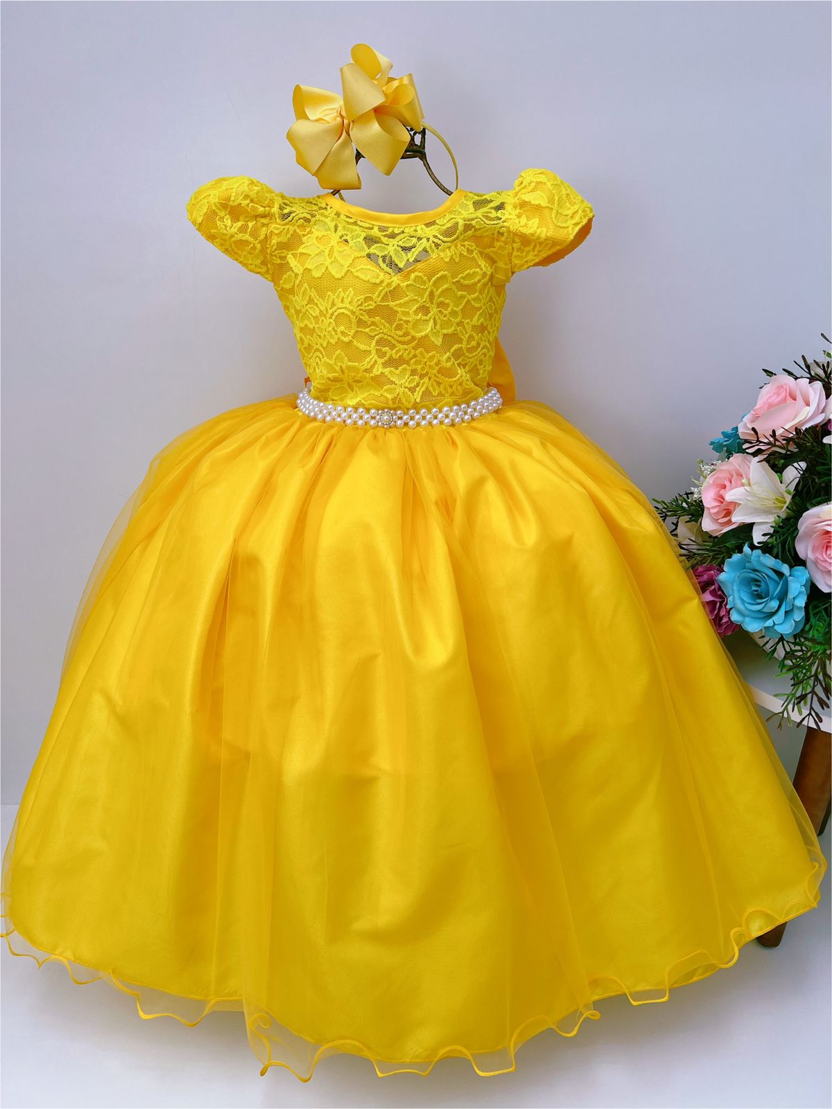 Vestido Infantil Damas Honra Amarelo Casamento Renda Pérola