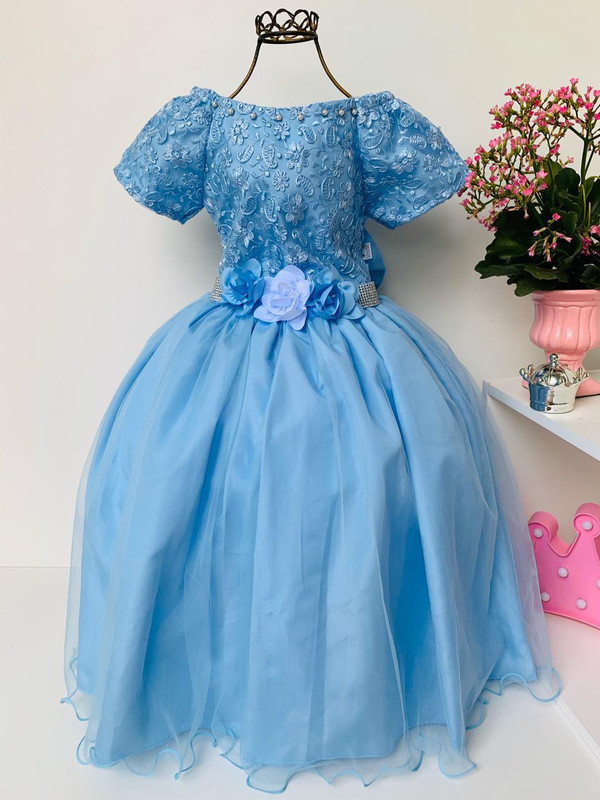 Vestido Infantil Damas Honra Azul Bebê Casamentos Strass