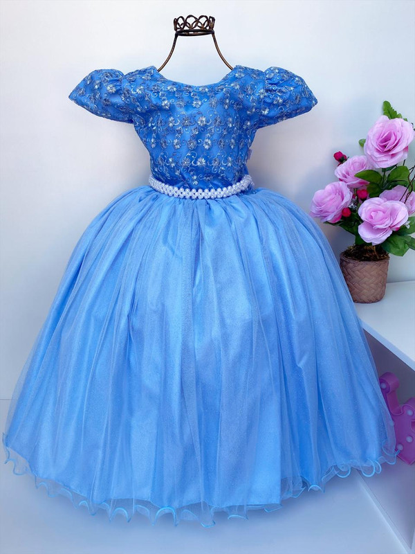 Vestido Infantil Damas Honra Azul Claro Casamentos Pérolas