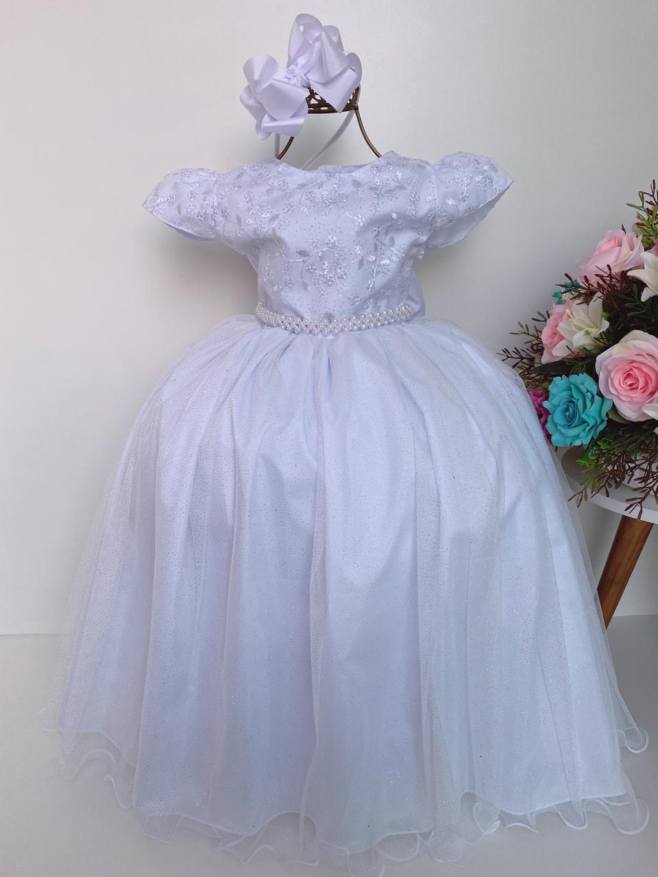Vestido Infantil Damas Honra Branco Casamentos Pérolas Renda