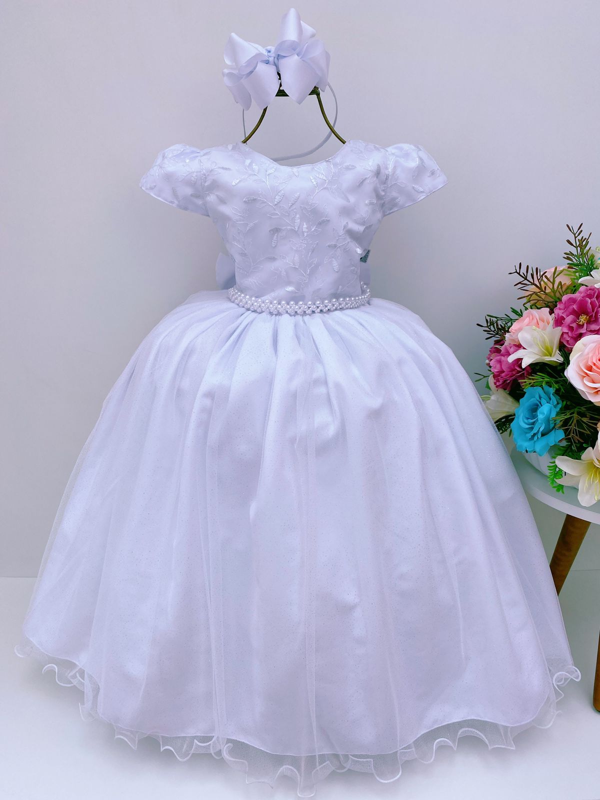 Vestido Infantil Damas Honra Branco Casamentos Pérolas Renda