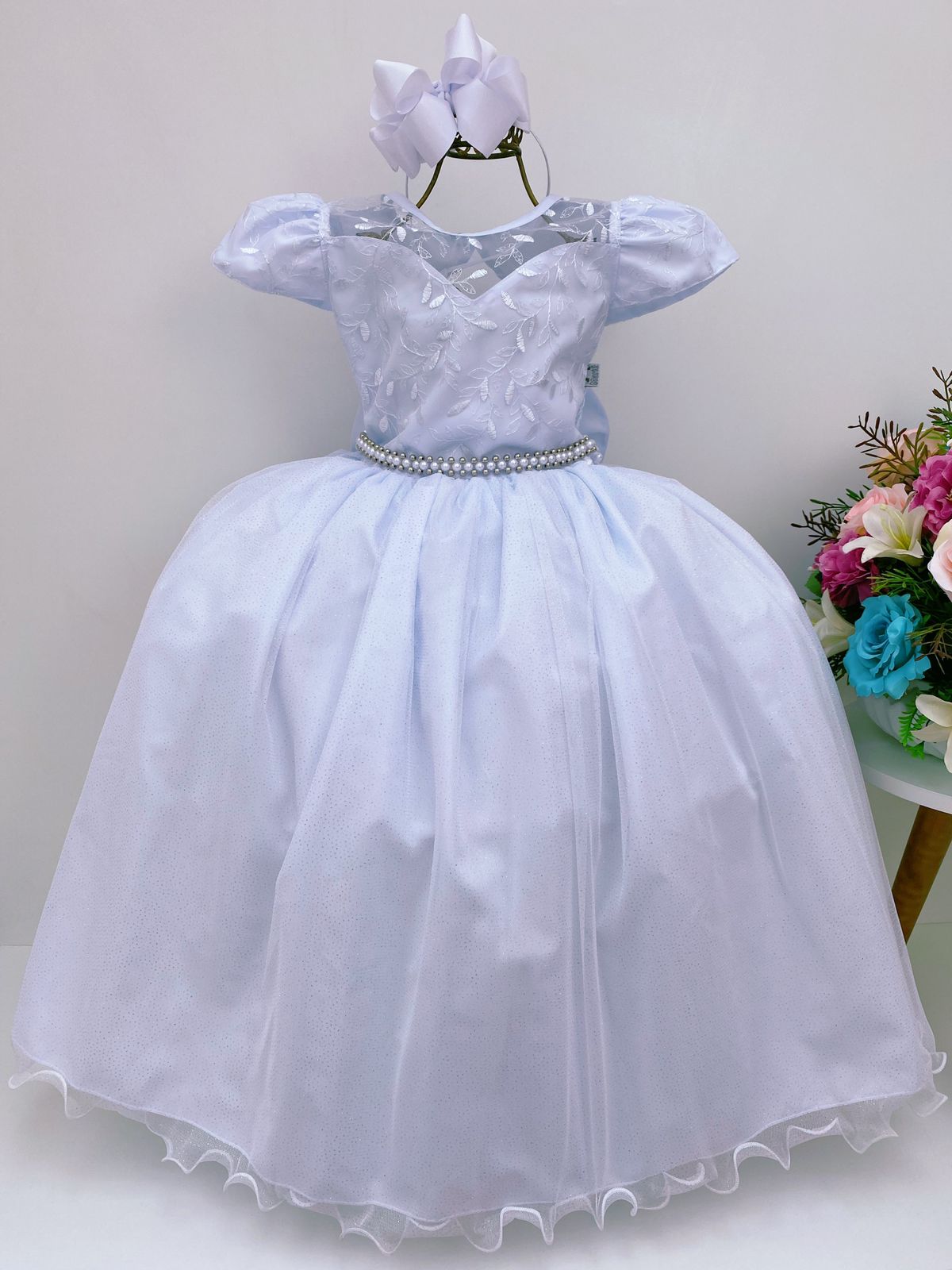 Vestido Infantil Damas Honra Branco Casamentos Pérolas Renda