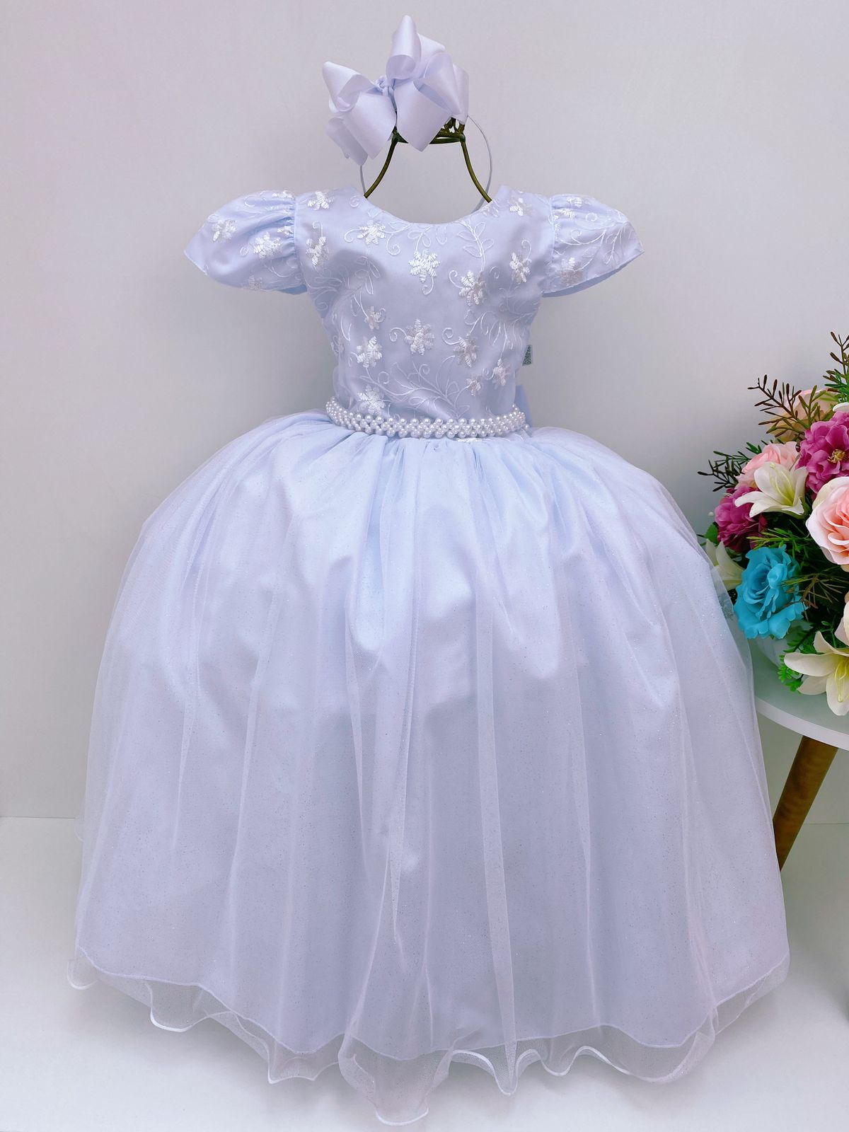 Vestido Infantil Damas Honra Branco Casamentos Pérolas Renda