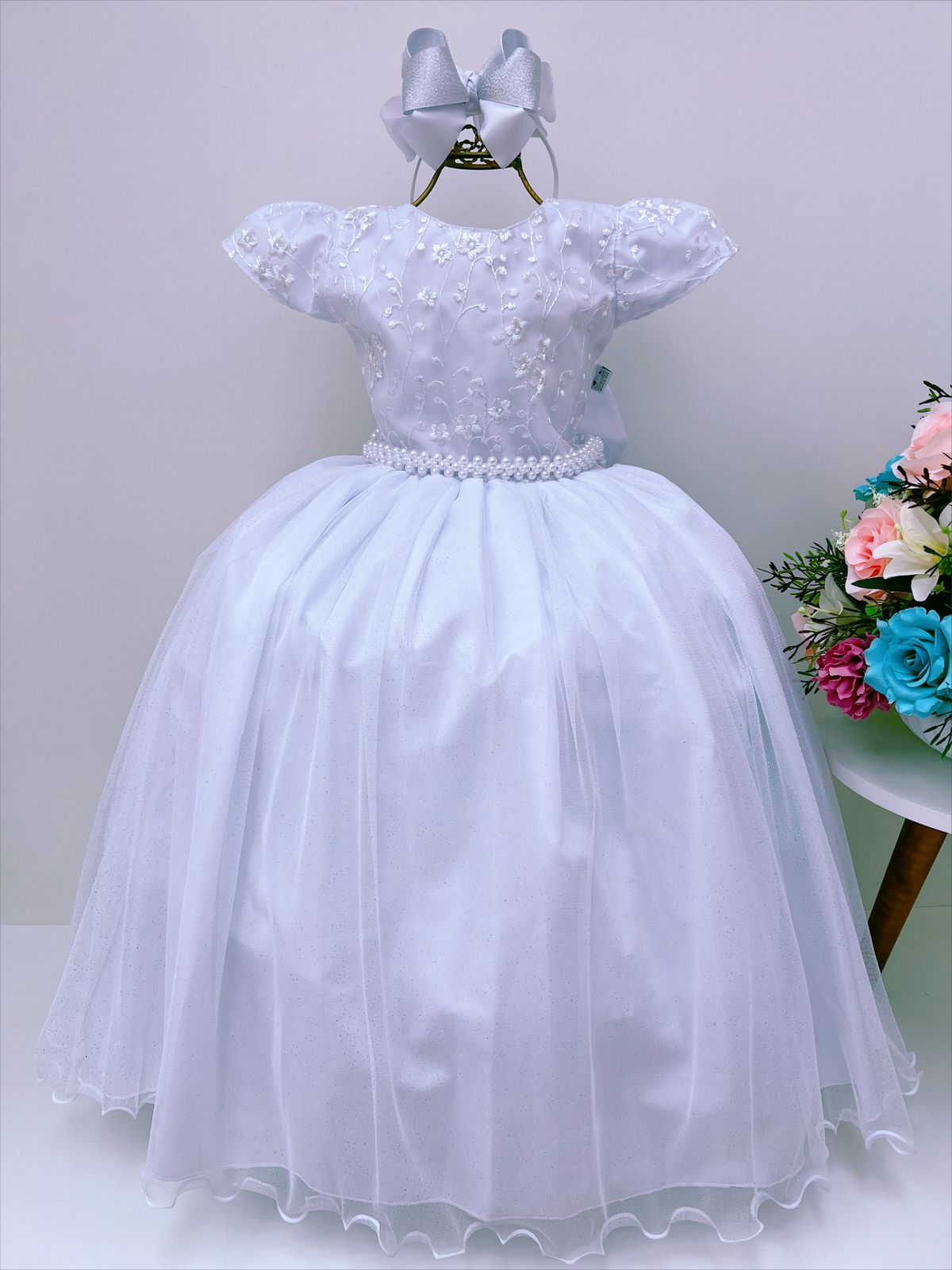 Vestido Infantil Damas Honra Branco Casamentos Pérolas Renda