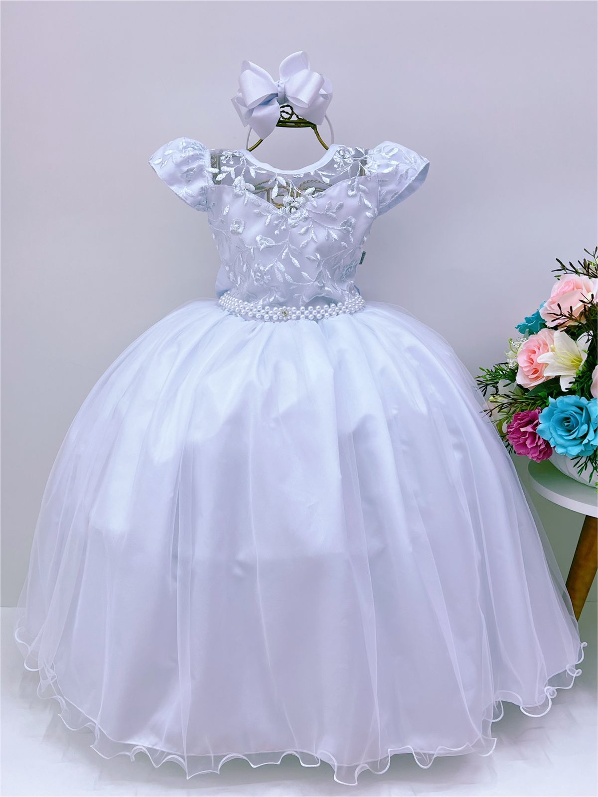 Vestido Infantil Damas Honra Branco Casamentos Renda Pérolas