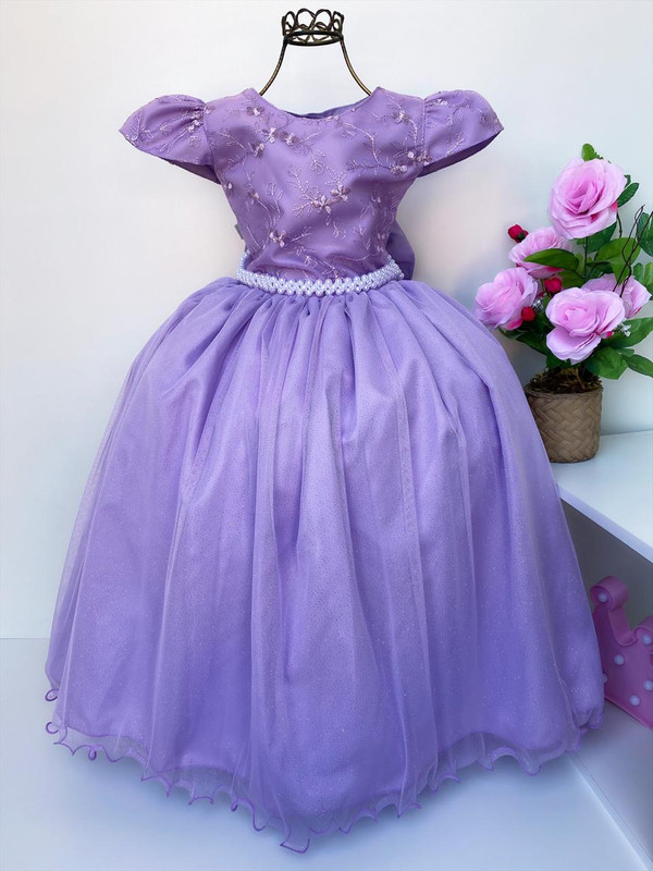 Vestido Infantil Damas Honra Lilás Casamentos Pérolas
