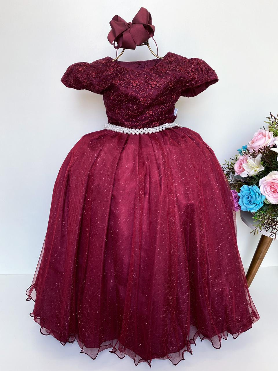 Vestido Infantil Damas Honra Marsala Casamentos Pérolas