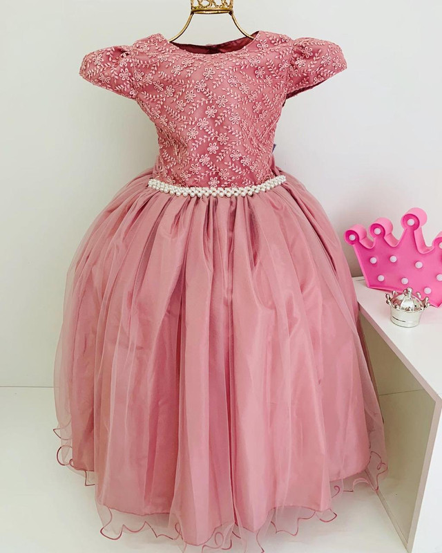 Vestido Infantil Damas Honra Nude Casamentos Pérolas