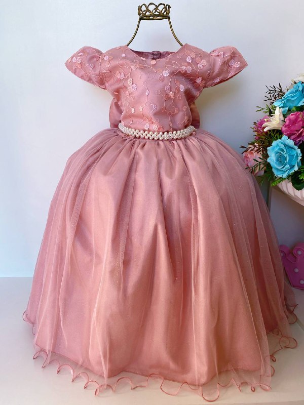Vestido Infantil Damas Honra Nude Casamentos Pérolas