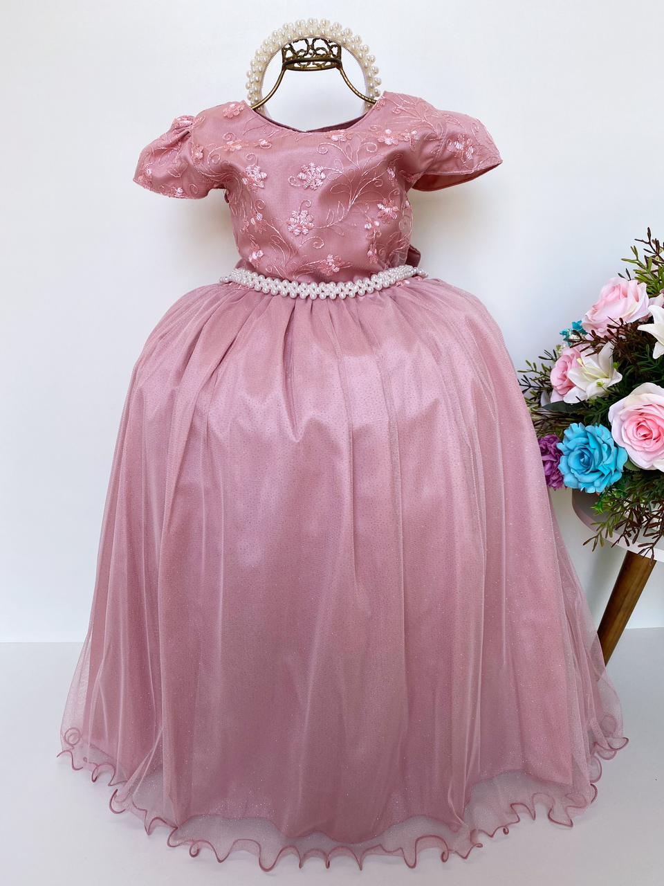 Vestido Infantil Damas Honra Nude Casamentos Pérolas