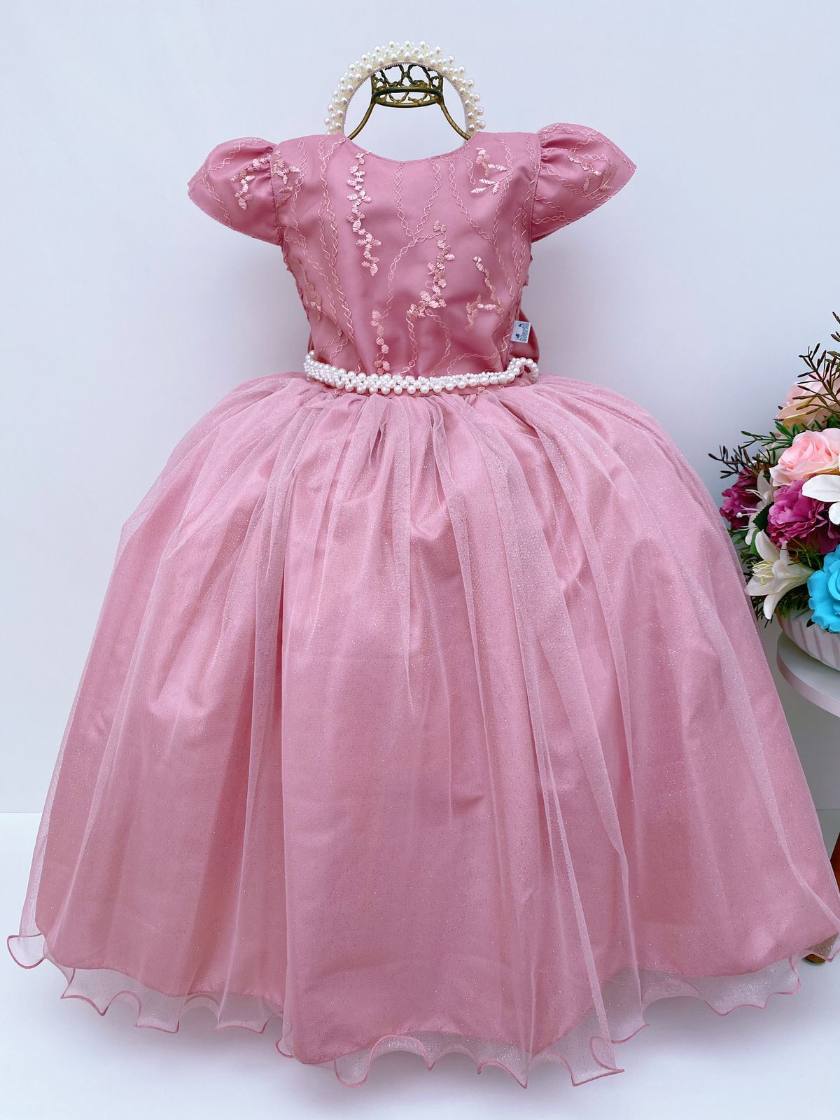 Vestido Infantil Damas Honra Nude Casamentos Pérolas