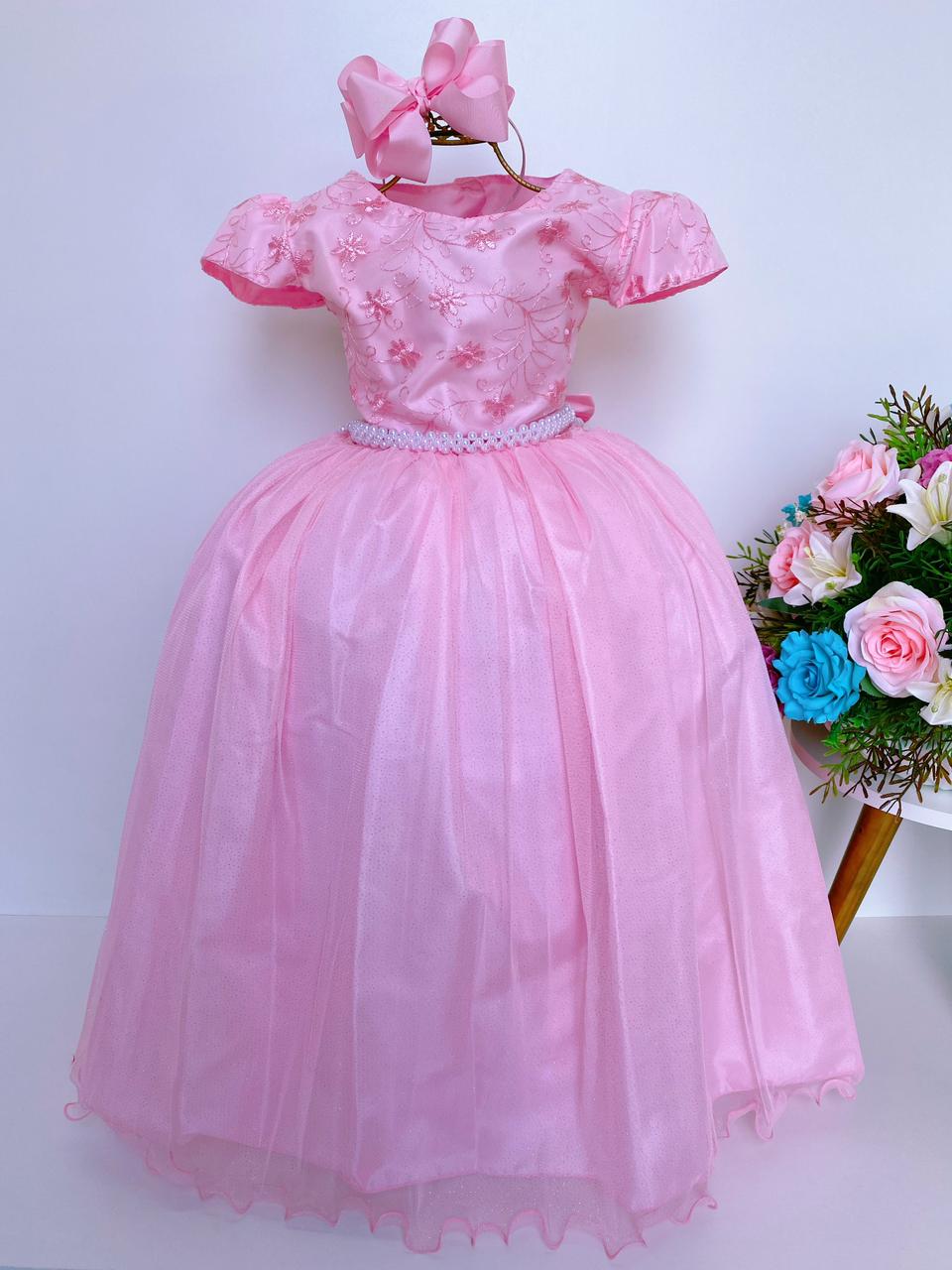 Vestido Infantil Damas Honra Rosa Casamentos Pérolas