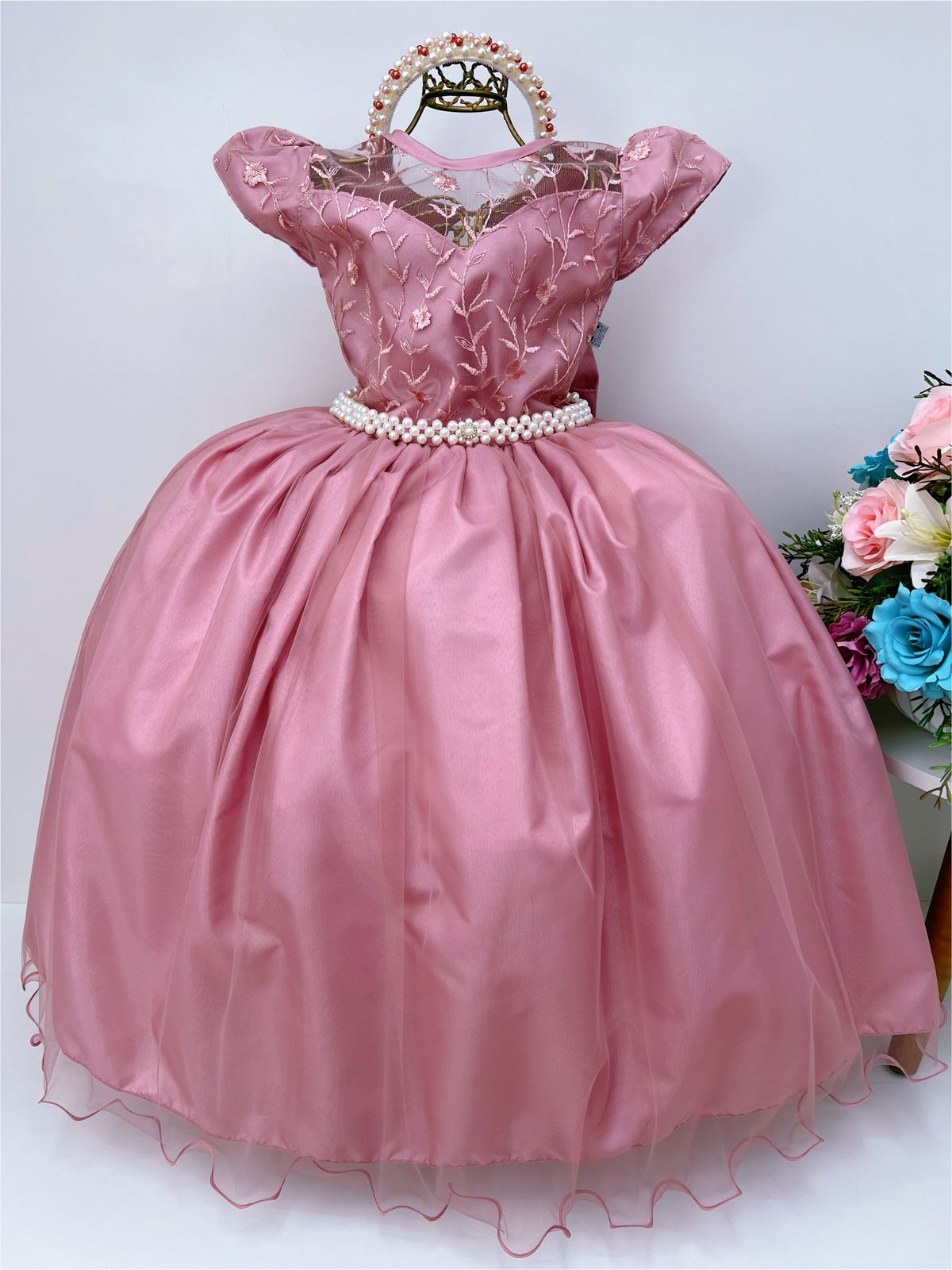 Vestido Infantil Damas Honra Rose Casamento Renda Pérola