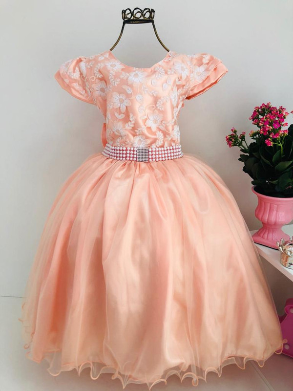 Vestido Infantil Damas Honra Salmão Casamentos Pérolas