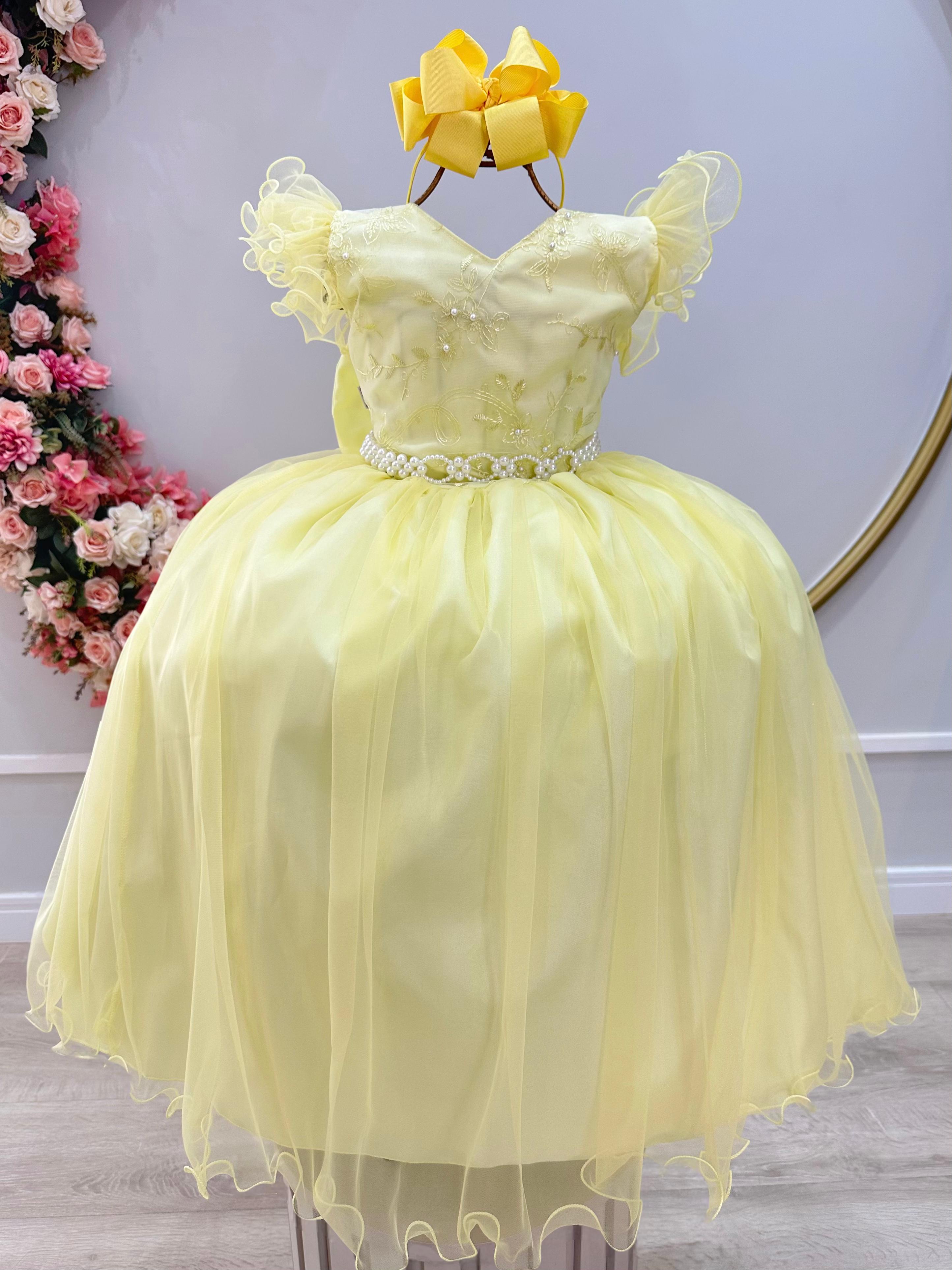 Vestido Infantil Longo Amarelo C/ Apliques e Renda Damas