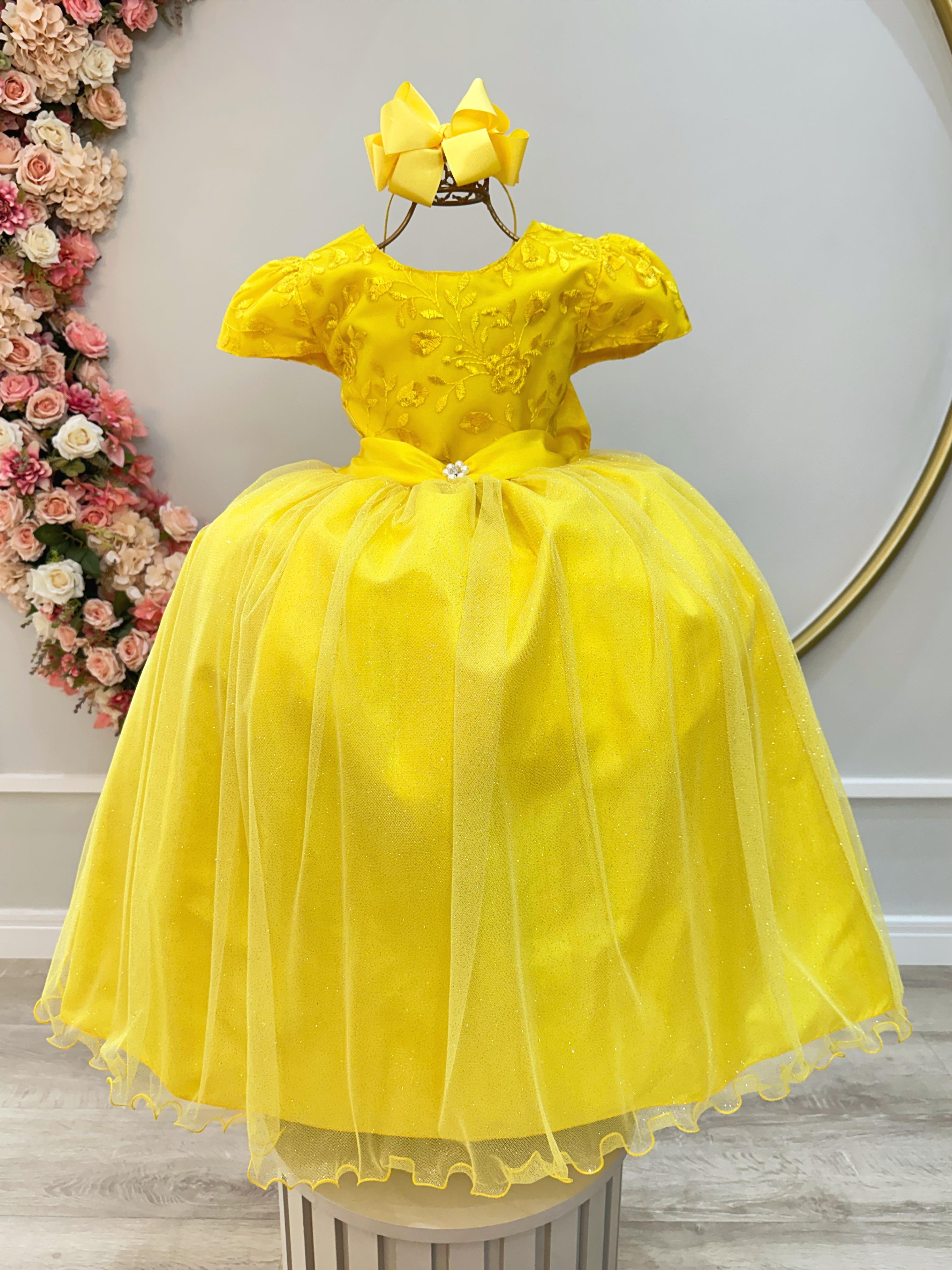 Vestido Infantil Longo Amarelo C/ Renda Daminhas de Honra