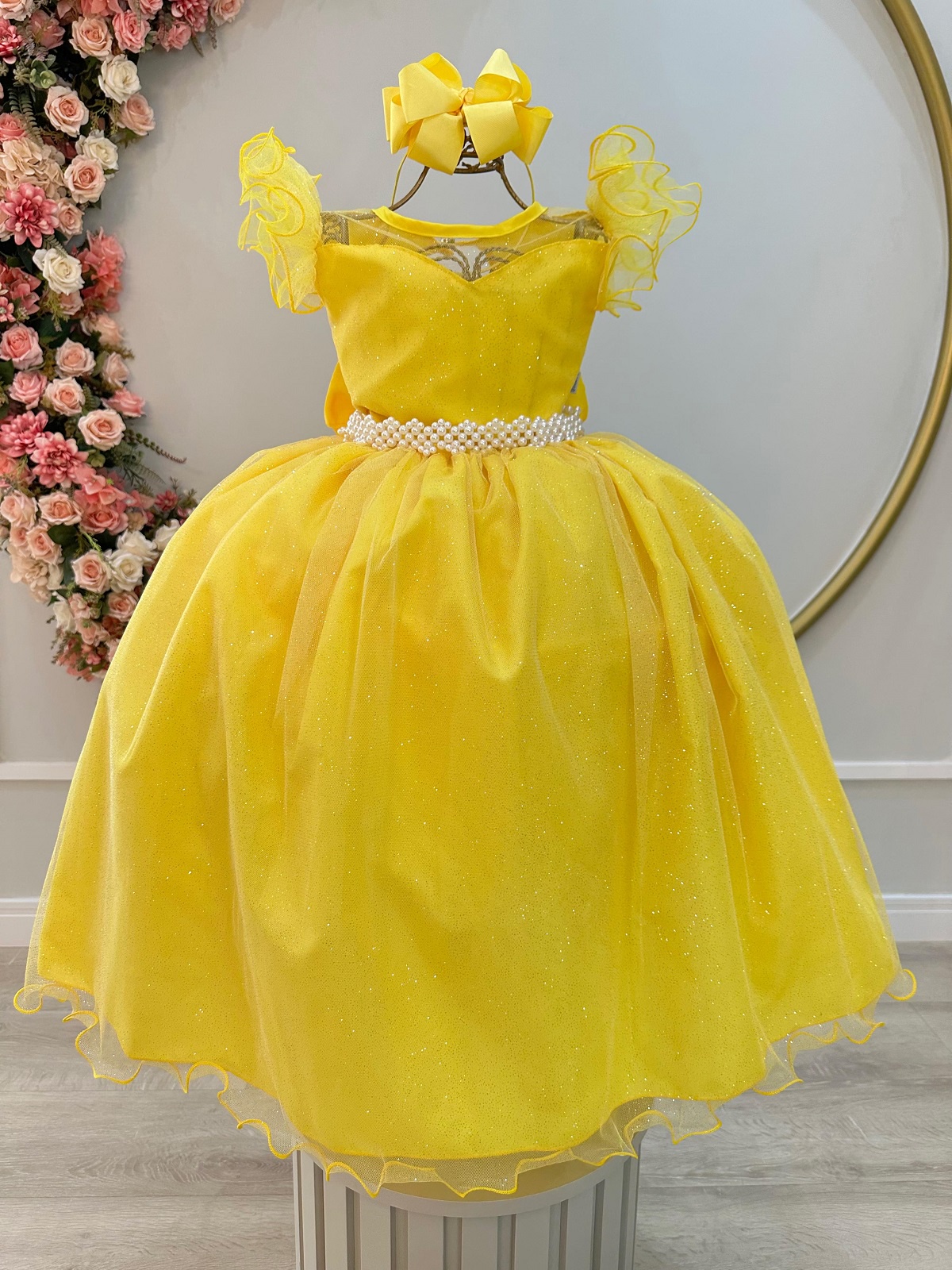 Vestido Infantil Longo Amarelo Daminhas de Honra C/ Glitter