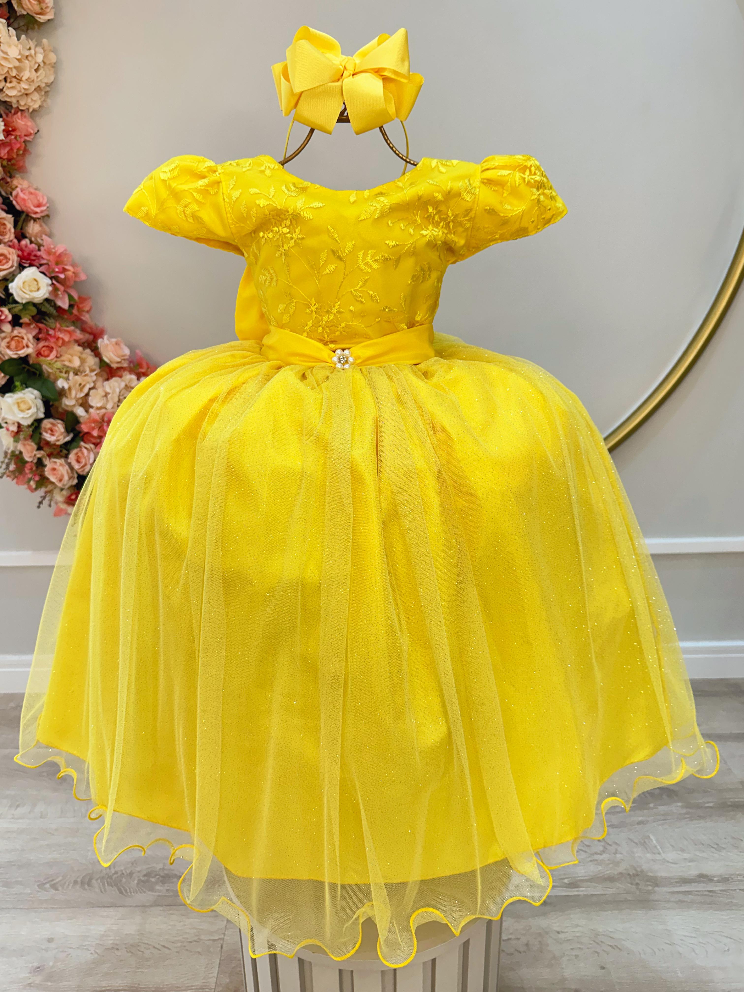 Vestido Infantil Longo Amarelo Daminhas de Honra C/ Renda