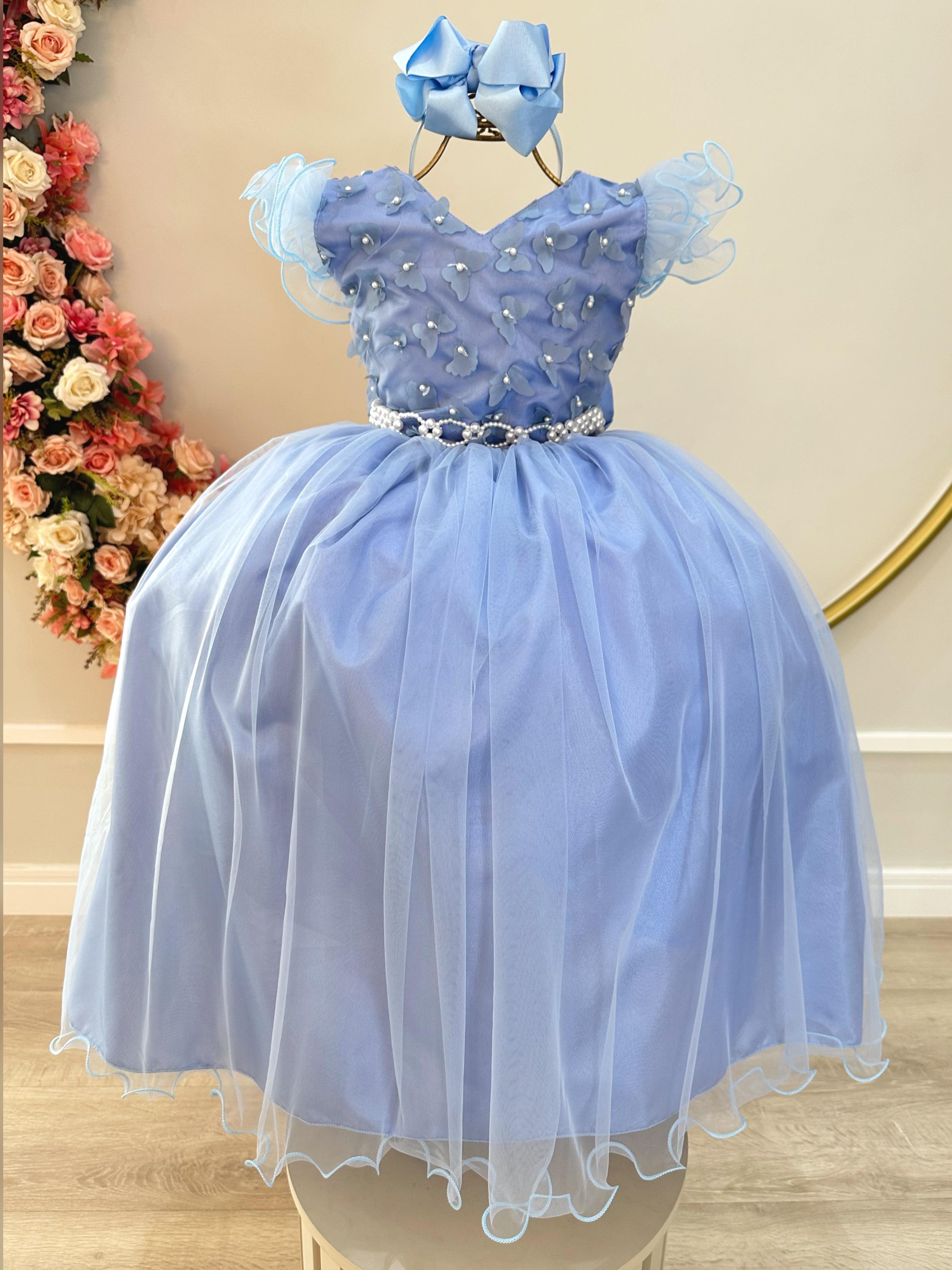 Vestido Infantil Longo Azul C/ Apliques Luxo Daminas Festas