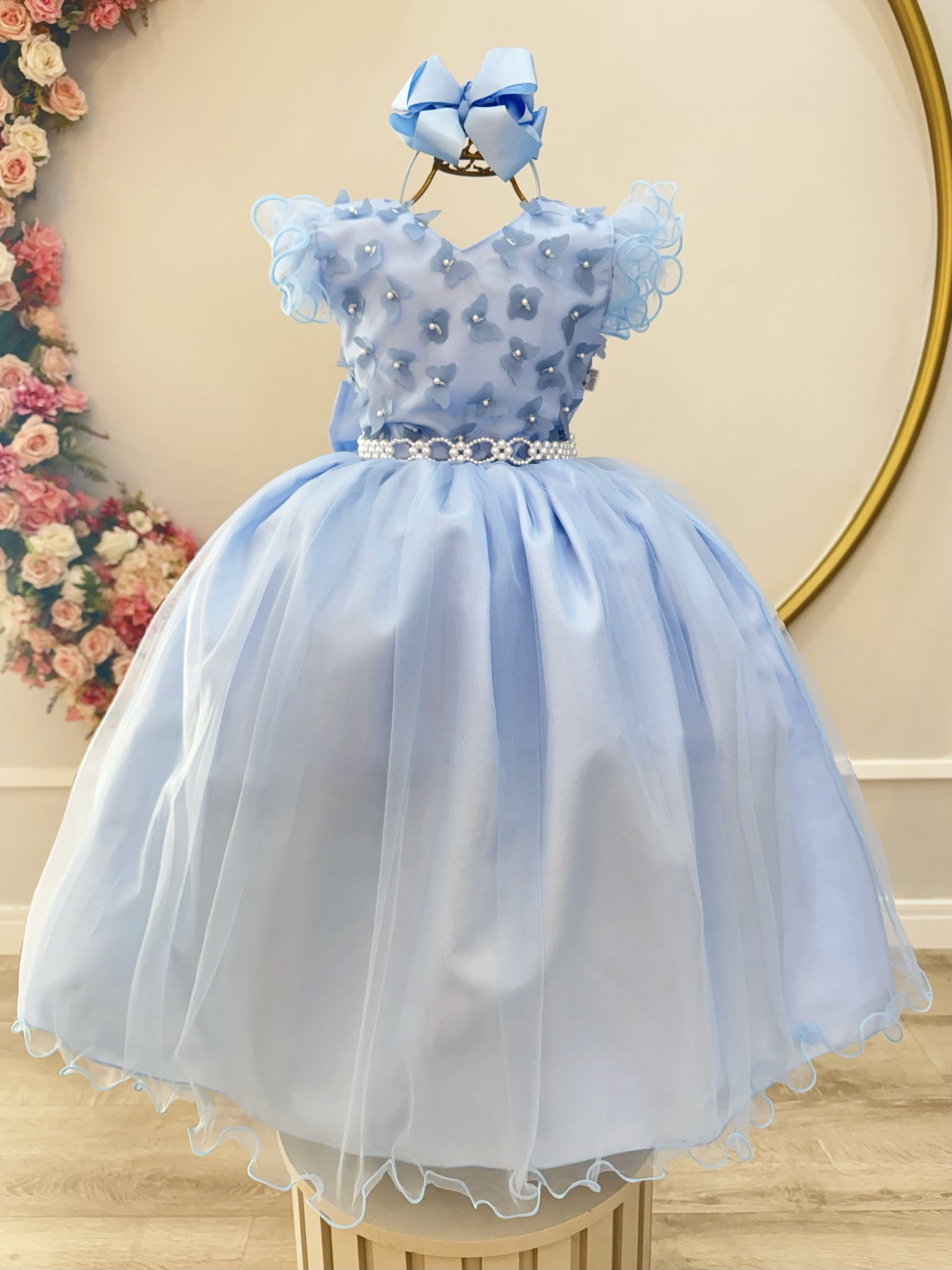 Vestido Infantil Longo Azul Claro C/ Apliques Daminas Festas