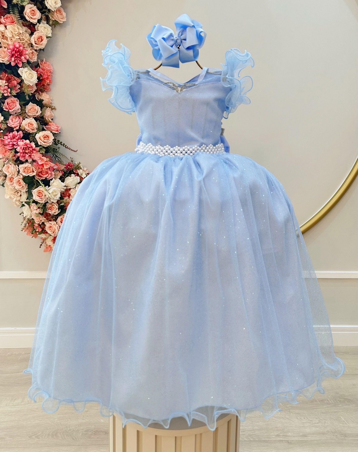 Vestido Infantil Longo Azul Claro Daminhas de Honra C/ Glitter