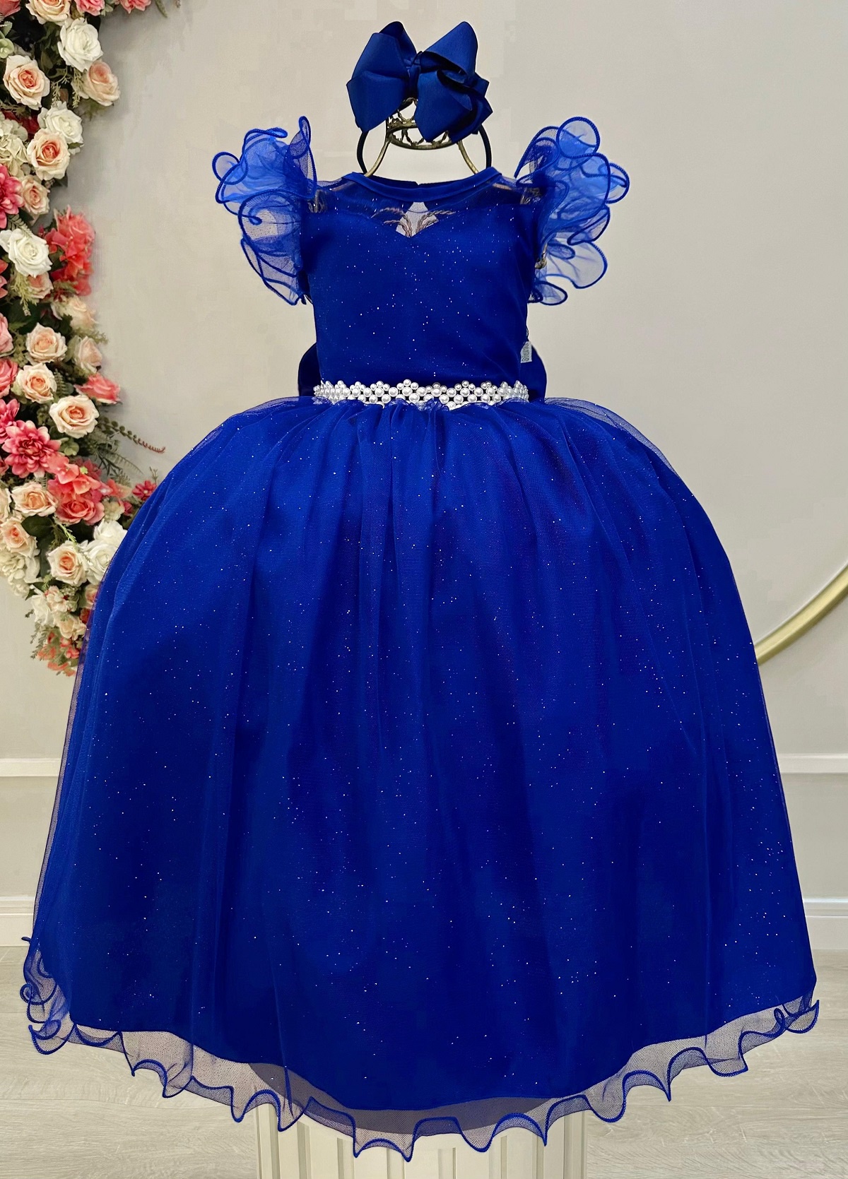 Vestido Infantil Longo Azul Royal Daminhas C/ Glitter Festas