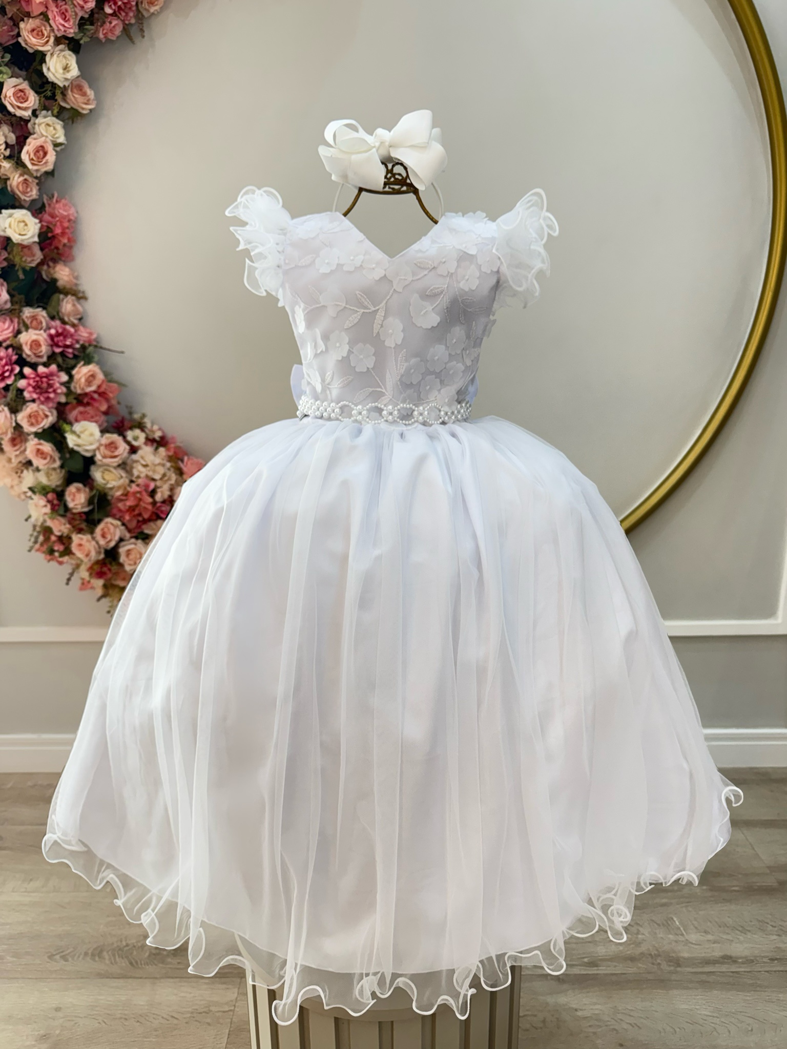 Vestido Infantil Longo Branco Com Apliques Daminhas Festas