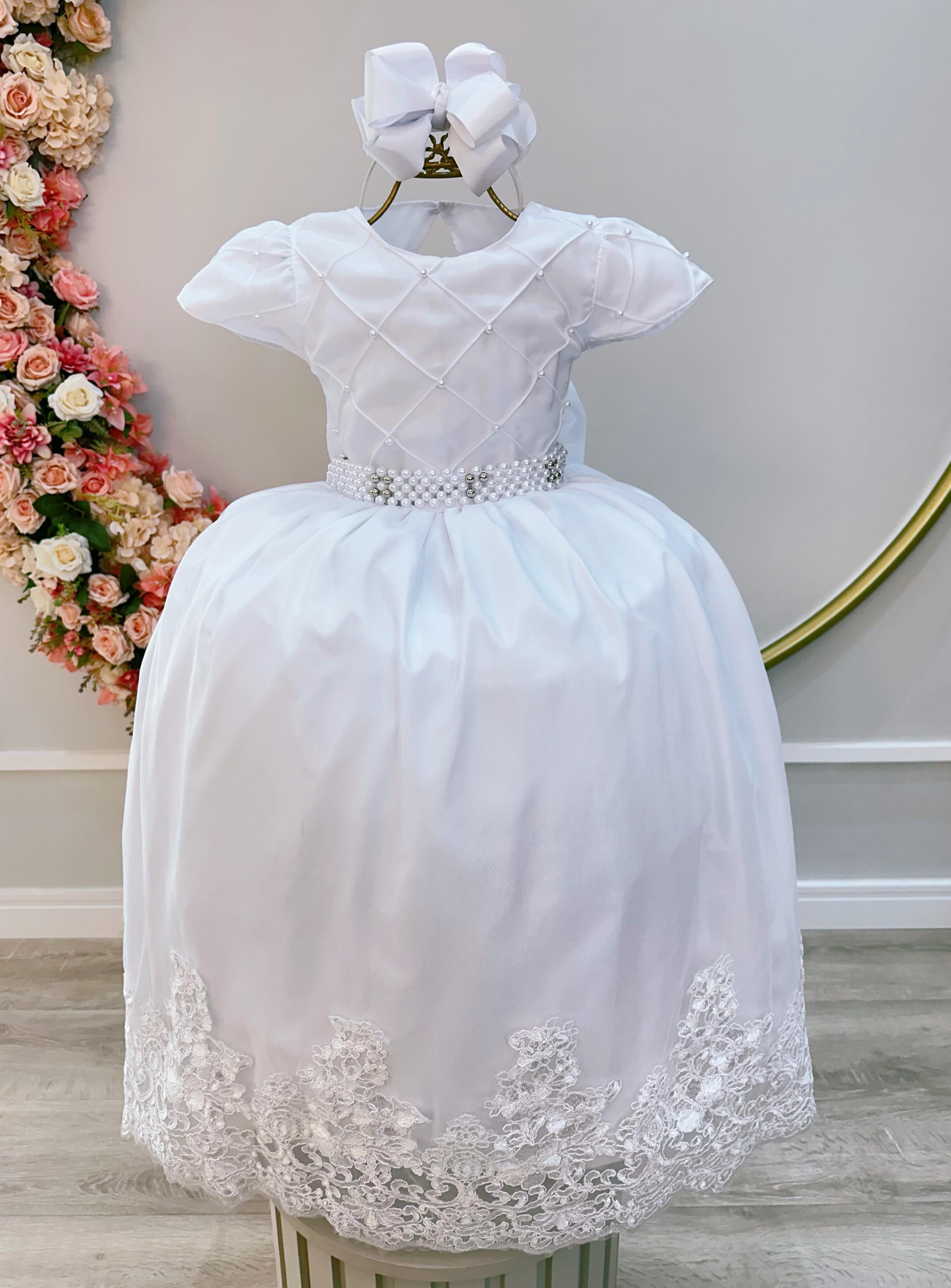 Vestido Infantil Longo Branco Daminhas de Honra Busto Nervura