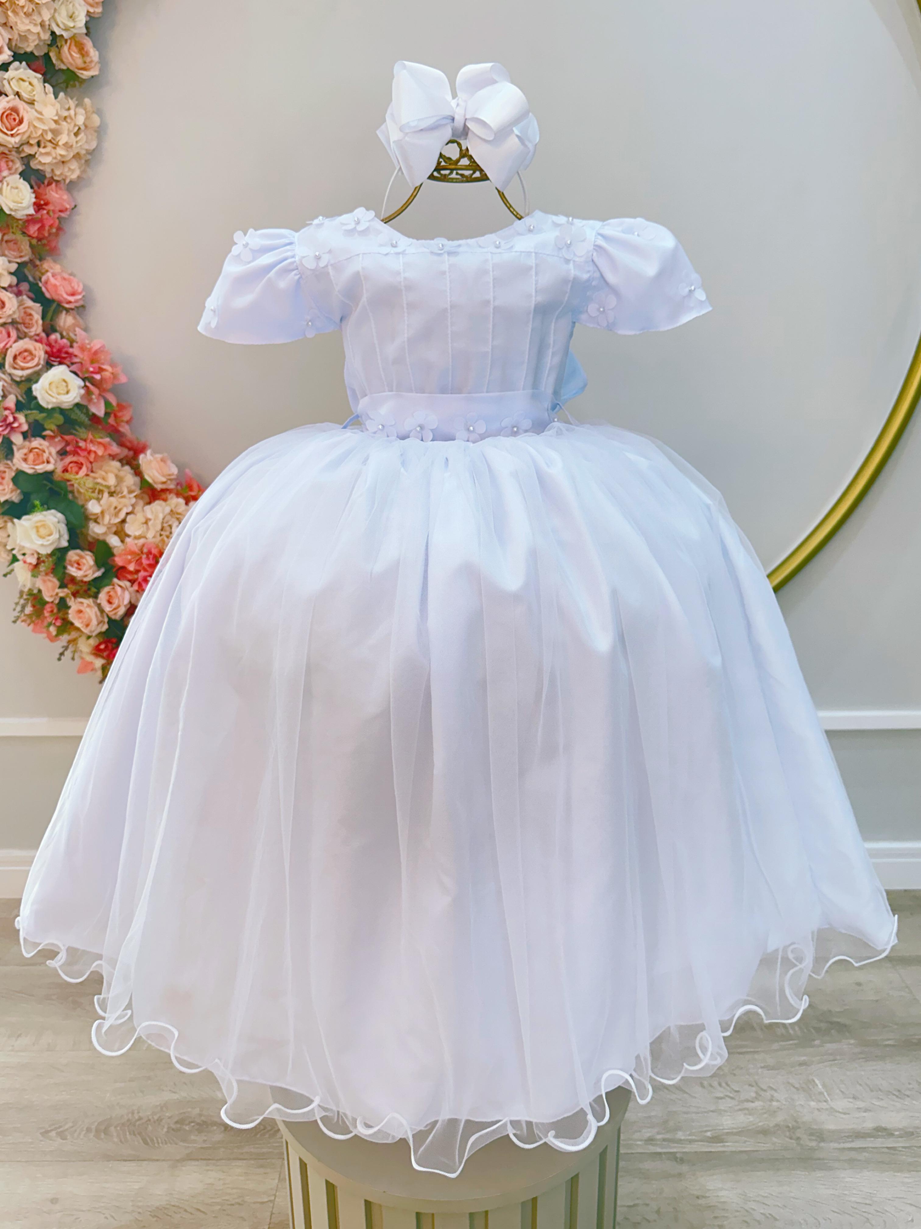 Vestido Infantil Longo Branco Daminhas de Honra C/ Apliques