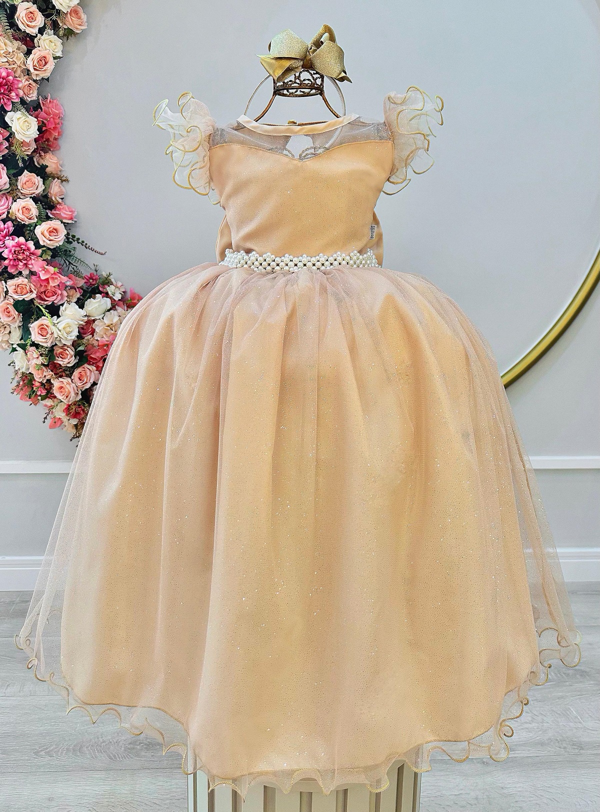 Vestido Infantil Longo Dourado Daminhas de Honra C/ Glitter