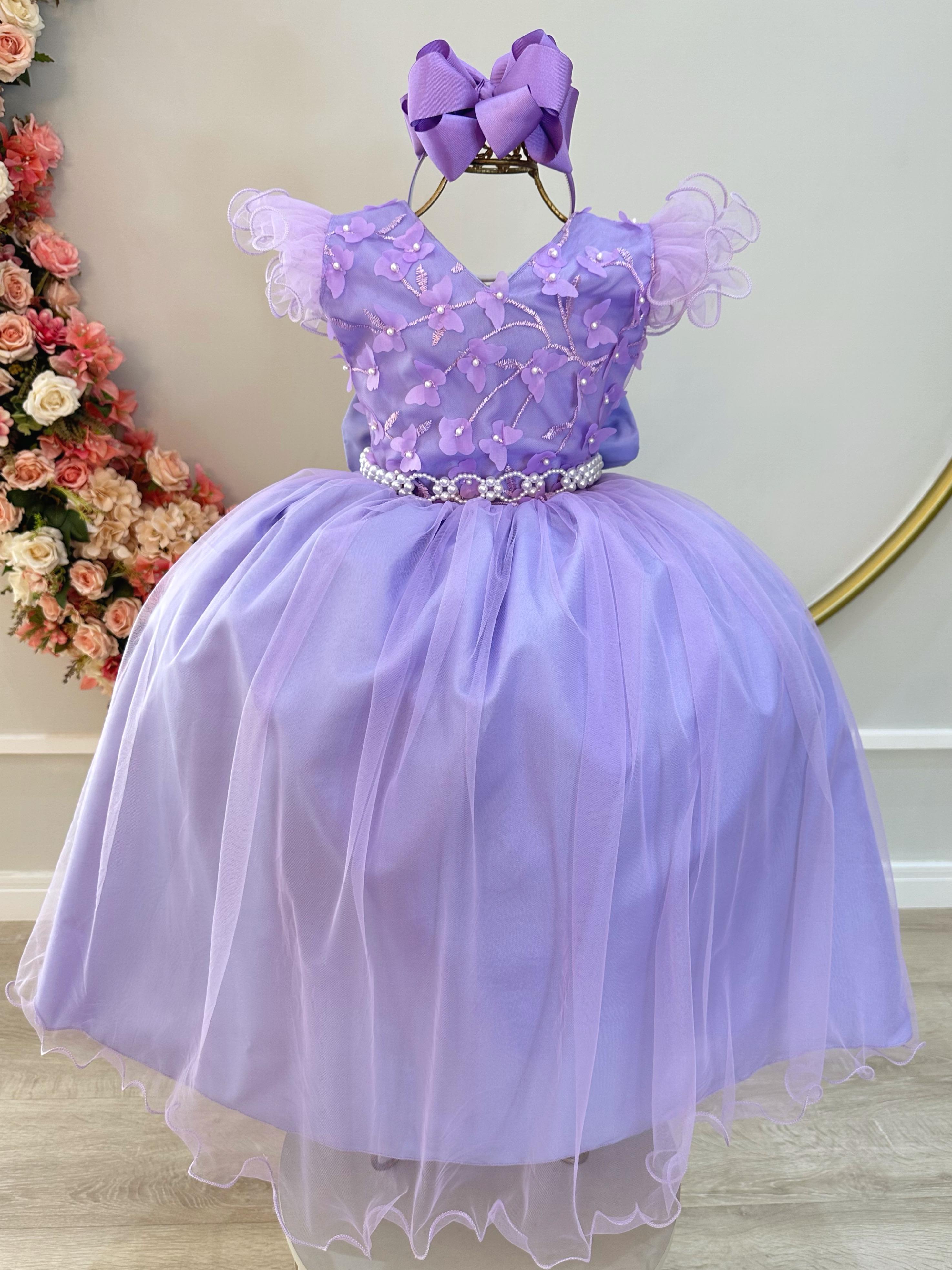 Vestido Infantil Longo Lilás C/ Apliques e Renda Damas Festas