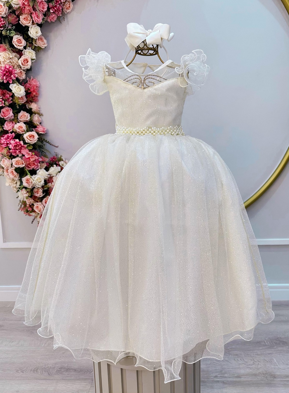 Vestido Infantil Longo Marfim Daminhas de Honra C/ Glitter
