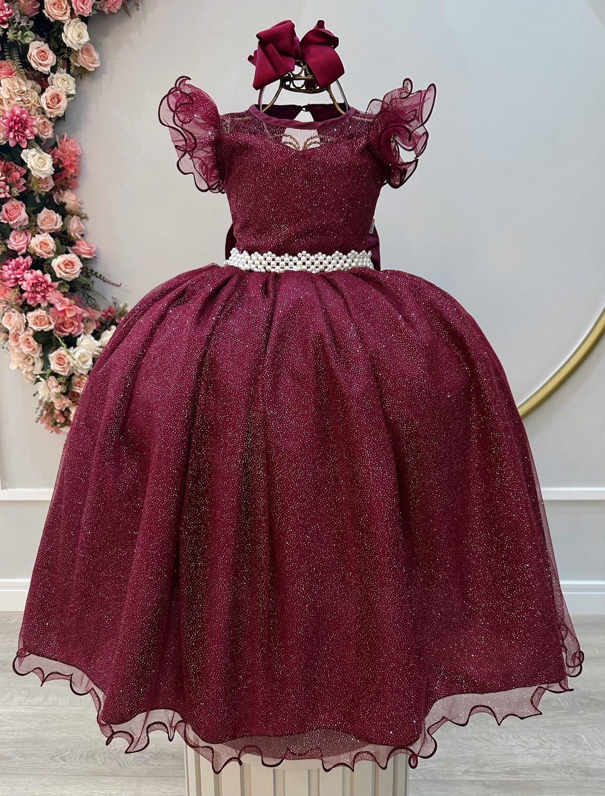 Vestido Infantil Longo Marsala Daminhas de Honra C/ Glitter