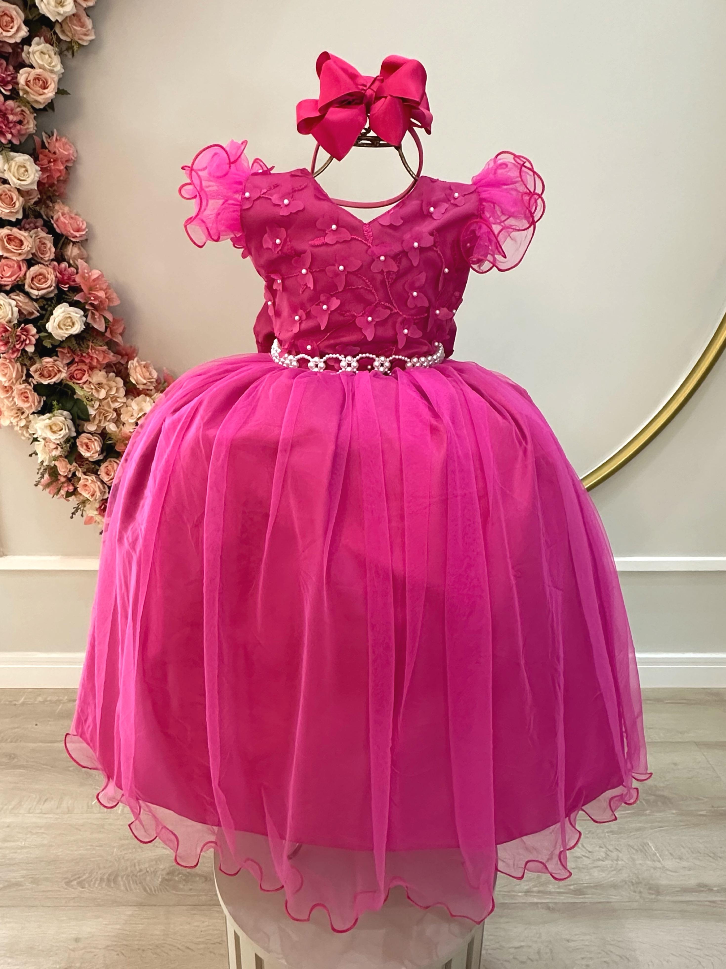 Vestido Infantil Longo Pink C/ Apliques e Renda Damas Festas