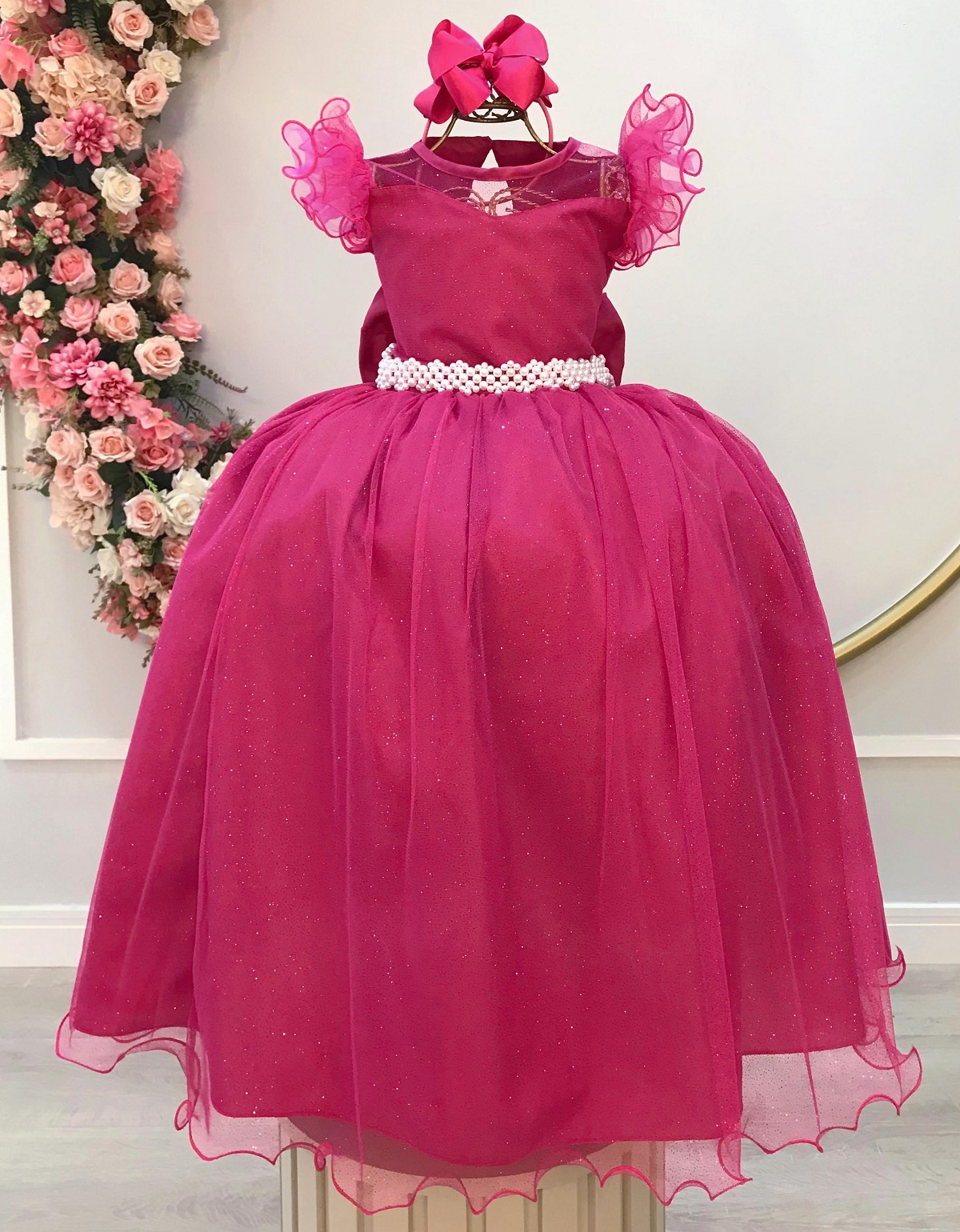Vestido Infantil Longo Pink Daminhas de Honra C/ Glitter