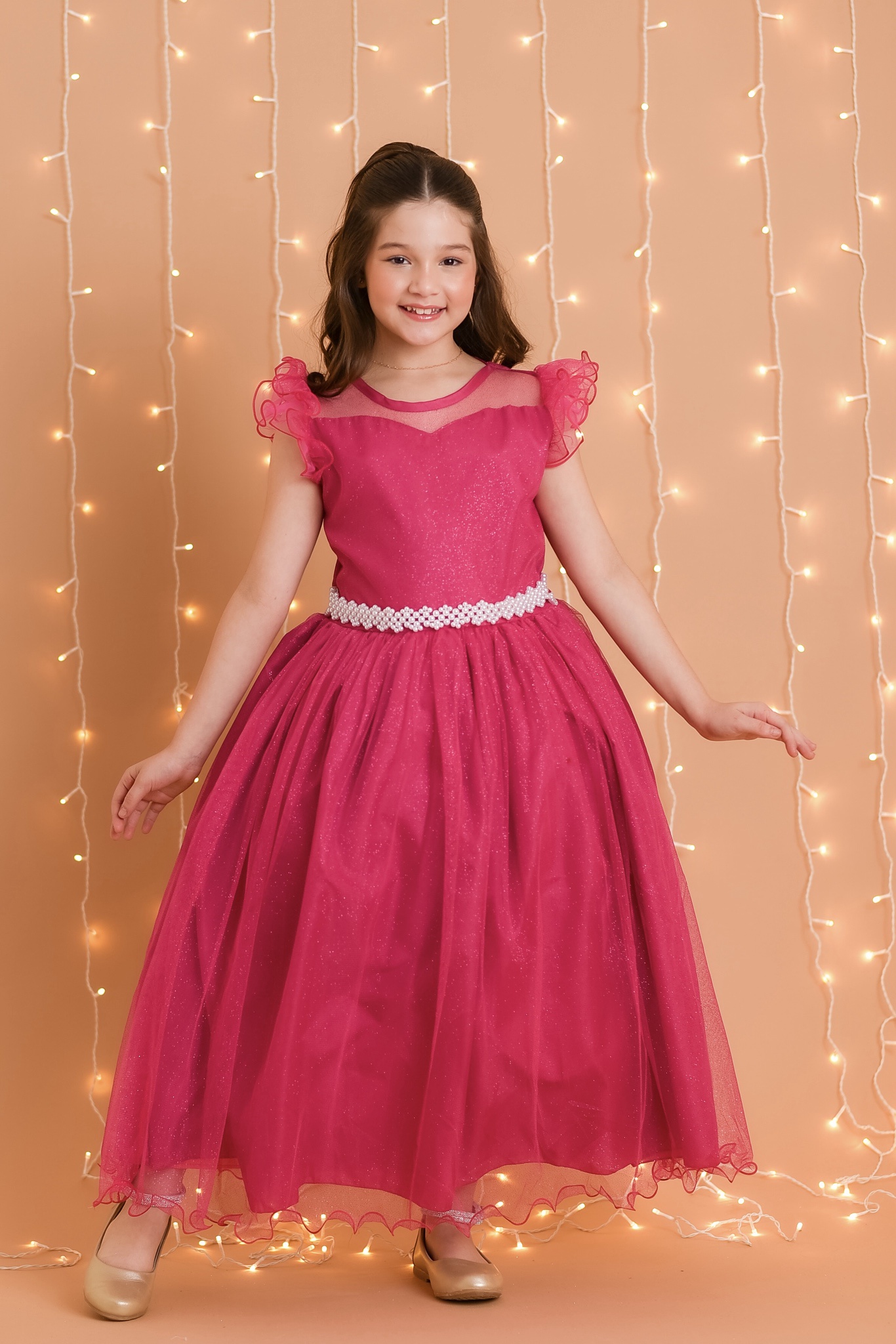 Vestido Infantil Longo Pink Daminhas de Honra C/ Glitter