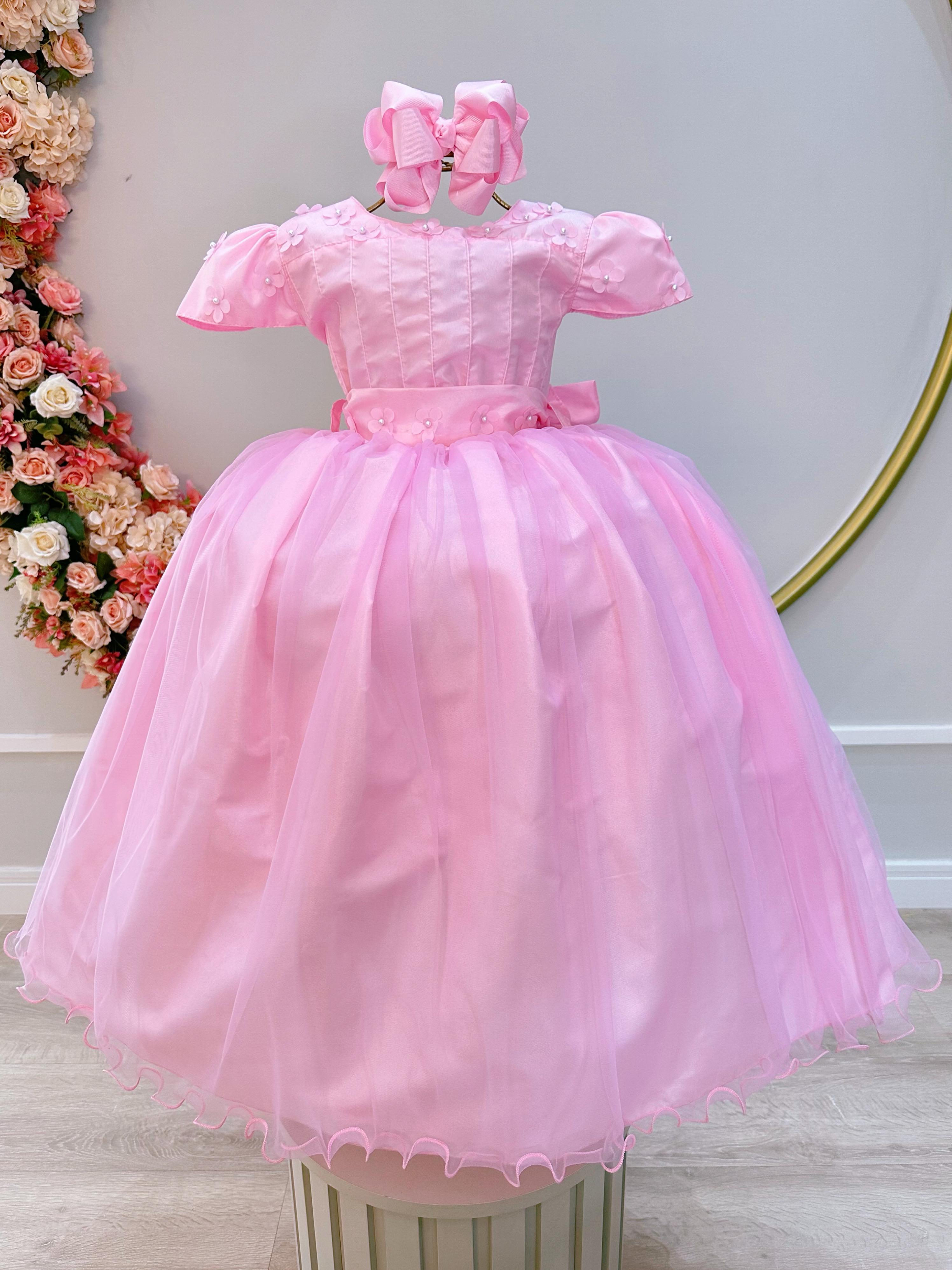 Vestido Infantil Longo Rosa Daminhas de Honra C/ Apliques