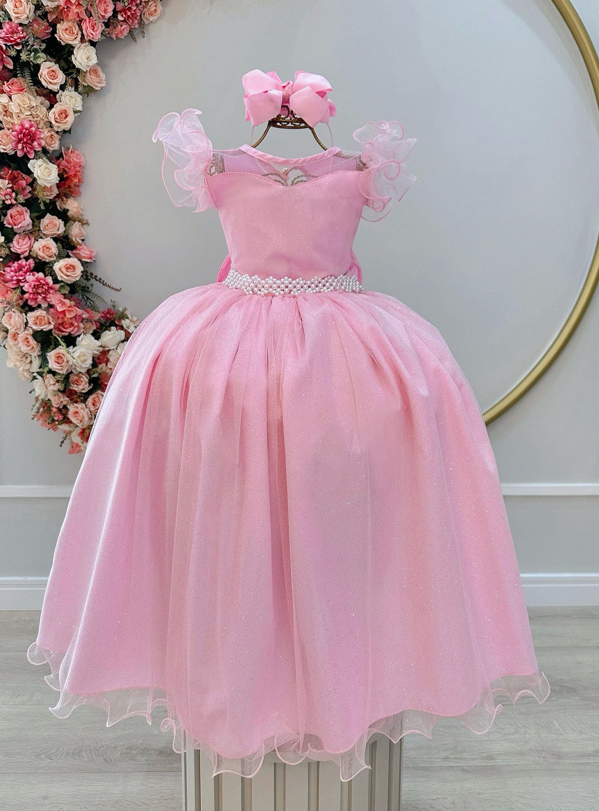 Vestido Infantil Longo Rosa Daminhas de Honra C/ Glitter