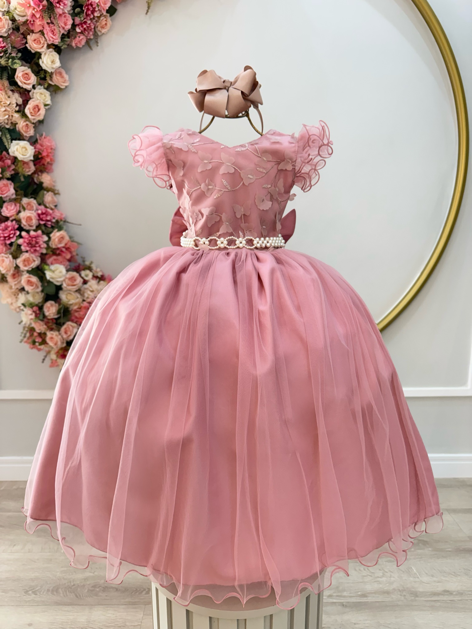 Vestido Infantil Longo Rose C/ Apliques e Renda Damas Festas