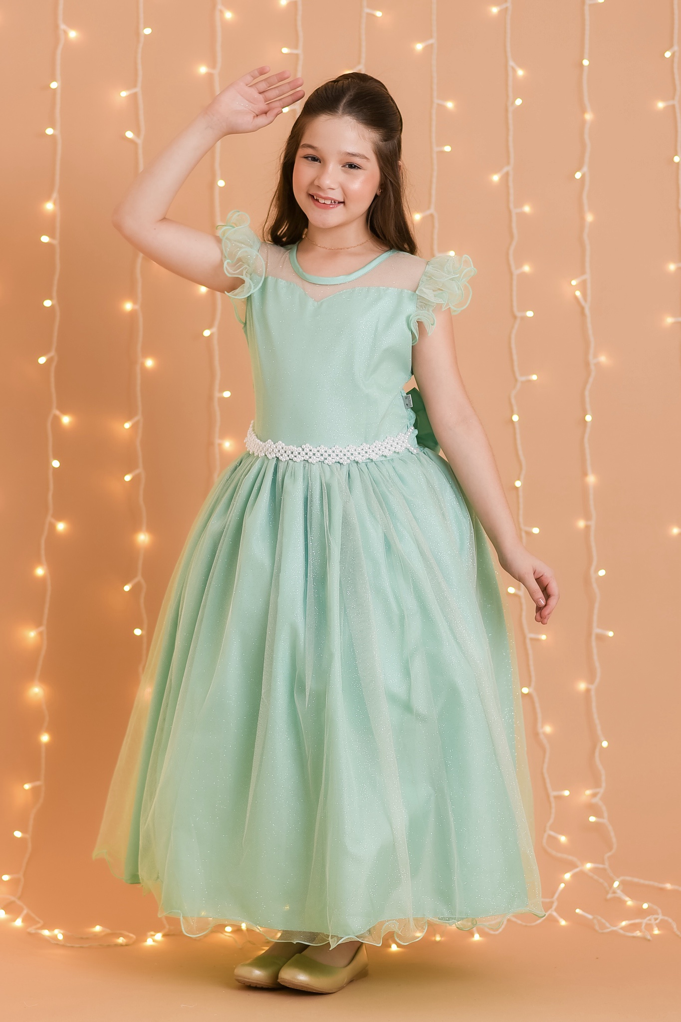 Vestido Infantil Longo Verde Daminhas de Honra C/ Glitter