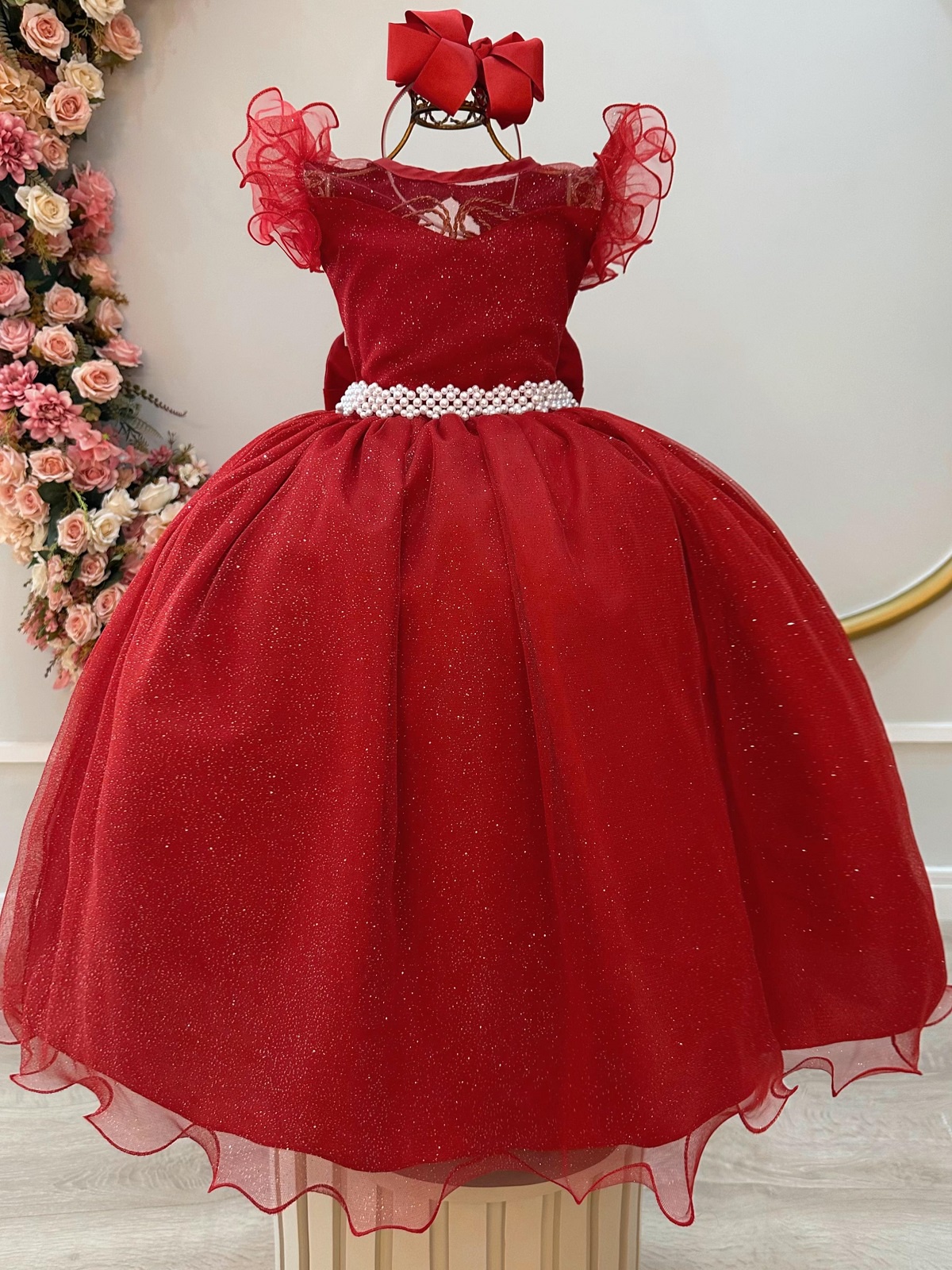 Vestido Infantil Longo Vermelho Daminhas de Honra C/ Glitter