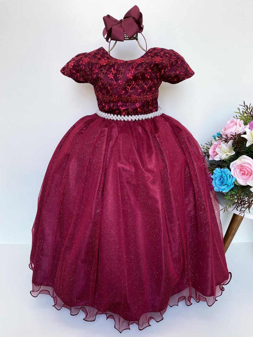 Vestido Infantil Marsala Damas Renda Cinta Pérolas Casamento
