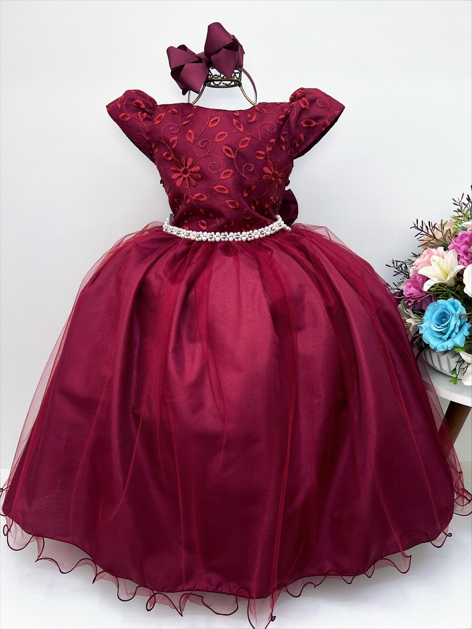 Vestido Infantil Marsala Renda Damas Honra Casamentos Pérola