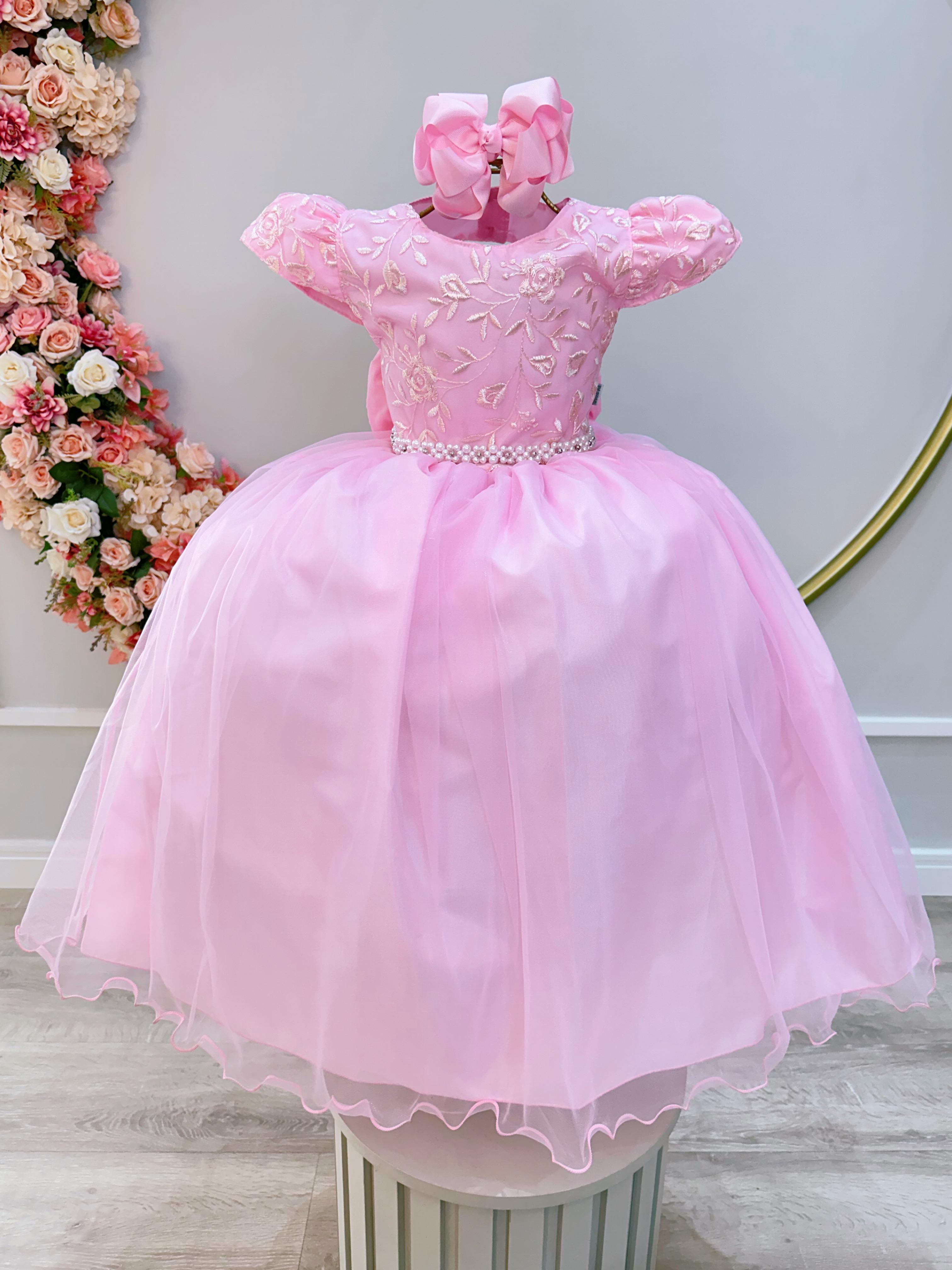 Vestido Infantil Rosa C/ Renda Damas Honra Casamentos