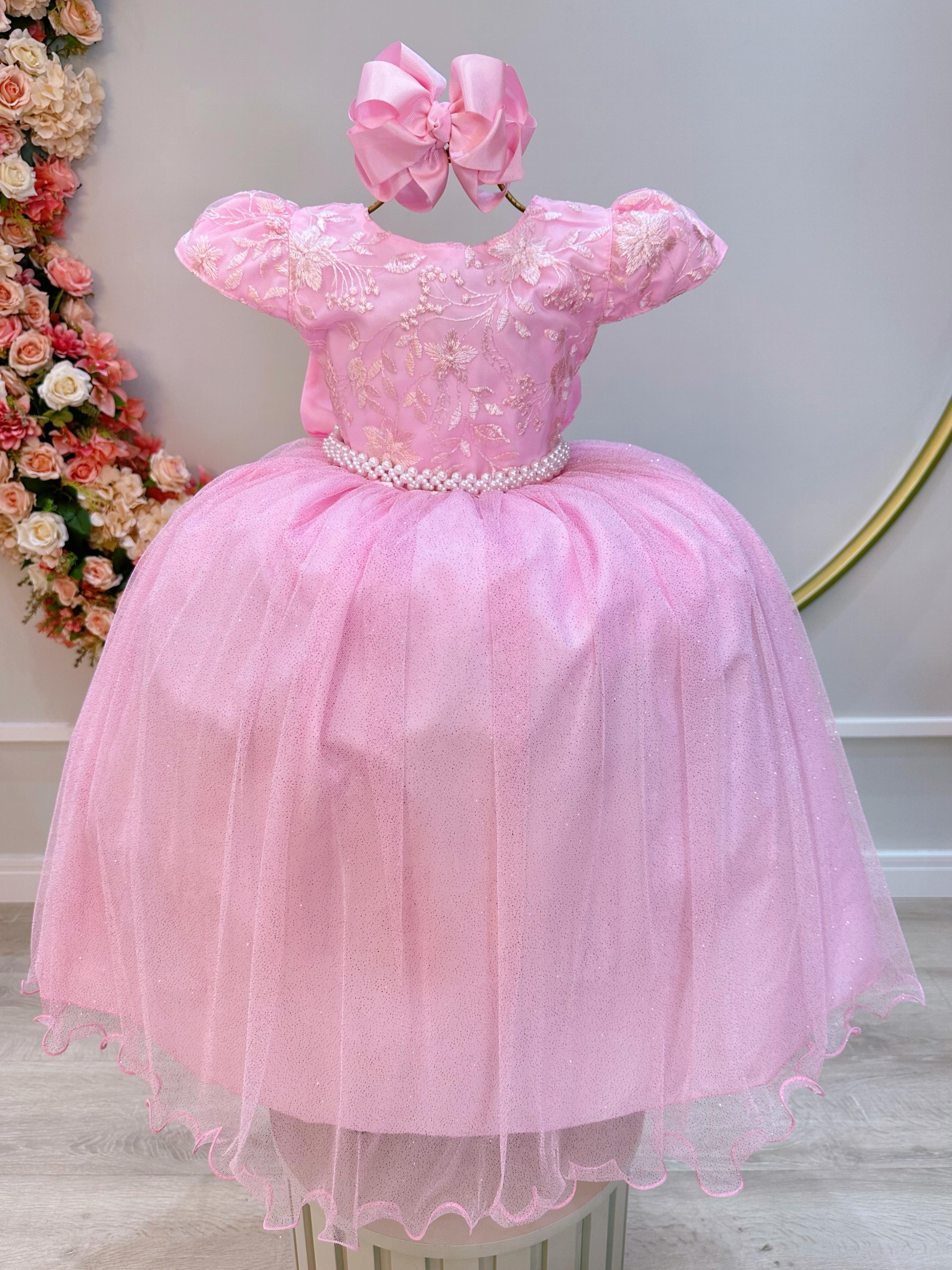 Vestido Infantil Rosa Claro C/ Renda Daminhas de Honra Longo