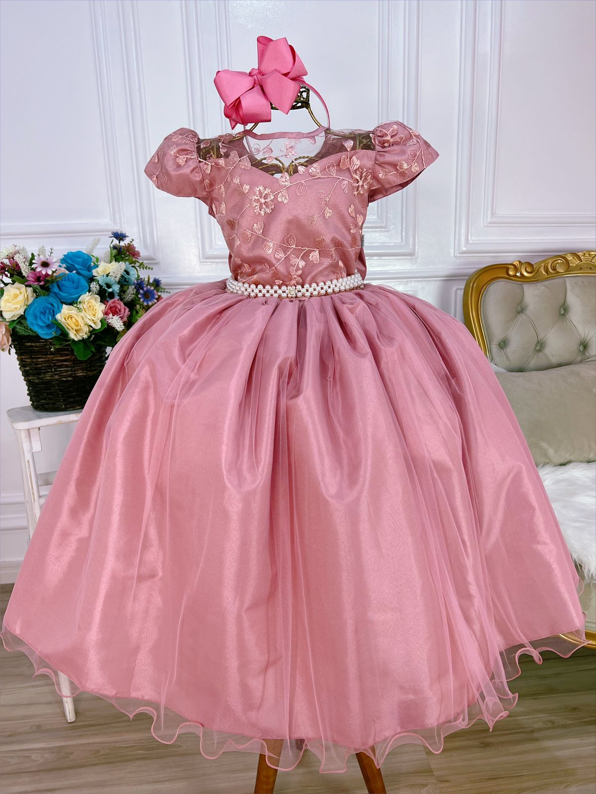 Vestido Infantil Rose Damas Honra Casamento Renda e Pérolas