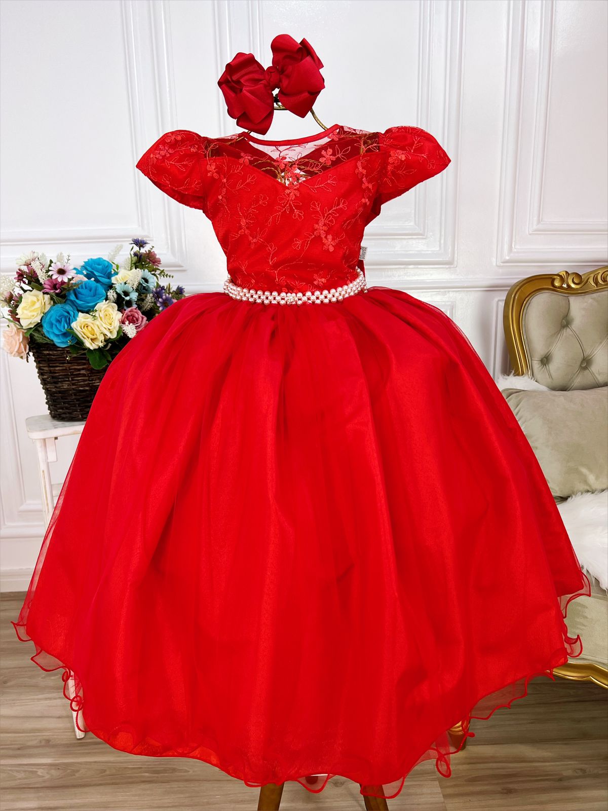 Vestido Infantil Vermelho Damas Honra Casamento Renda Pérola