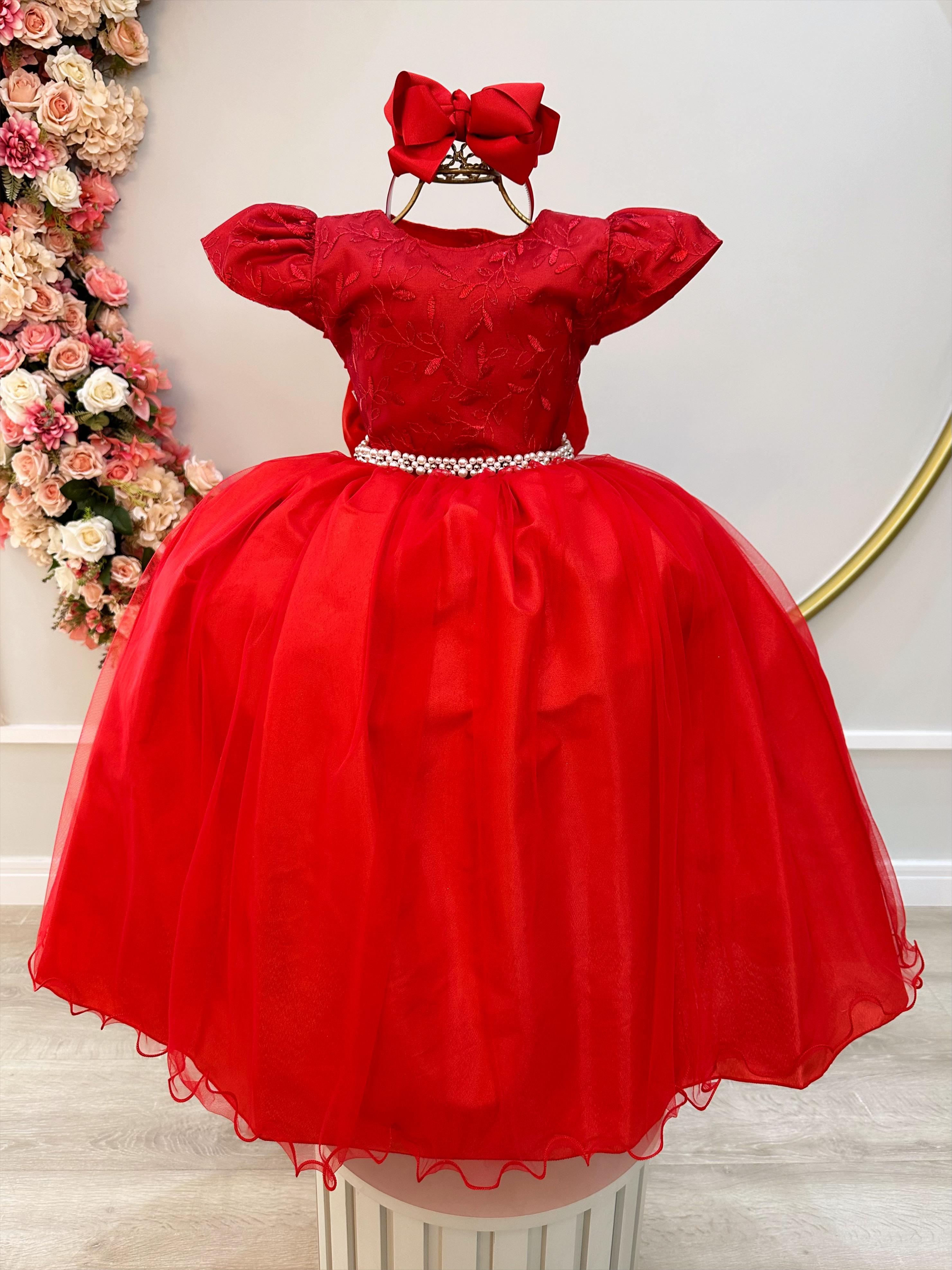 Vestido Infantil Vermelho Renda Damas Honra Casamentos Pérola