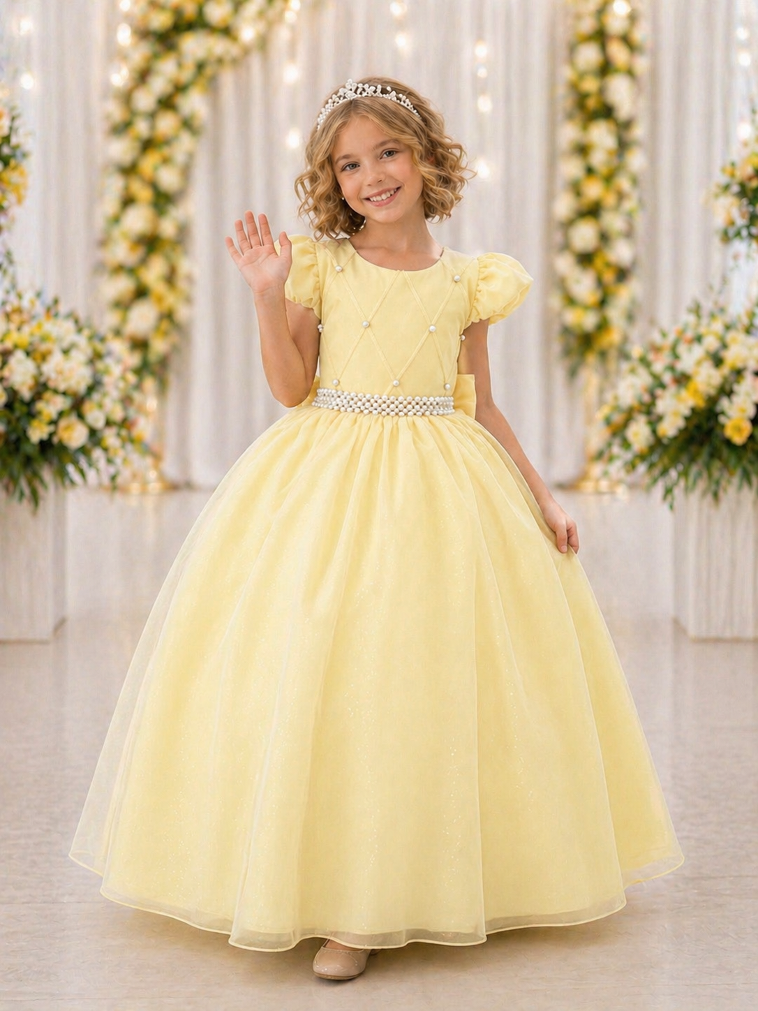 Vestido Infantil Amarelo Busto Nervura Daminhas Luxo