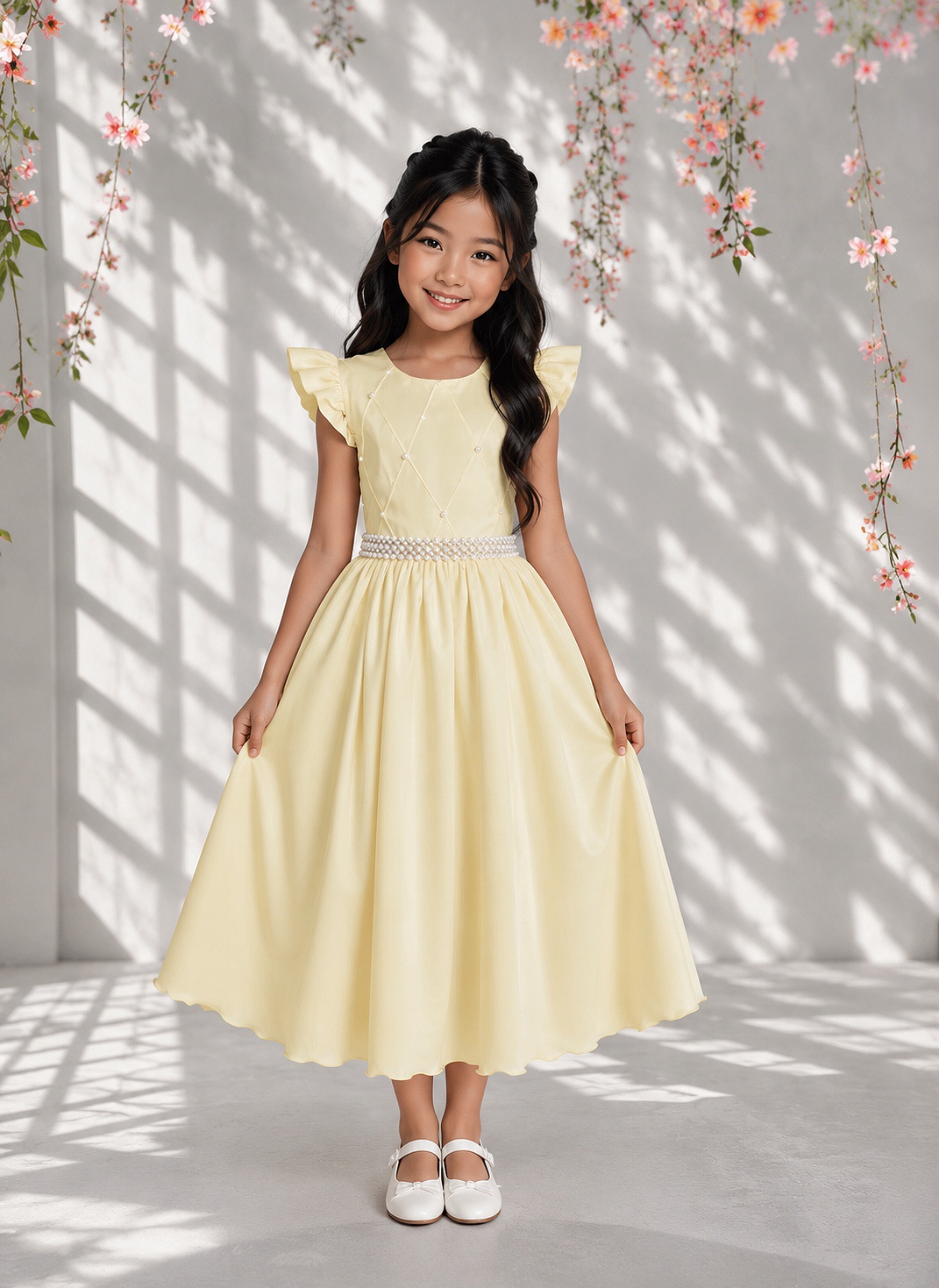 Vestido Longo Daminhas, Infantil Amarelo em Poliéster, Busto Nervura Daminhas Luxo